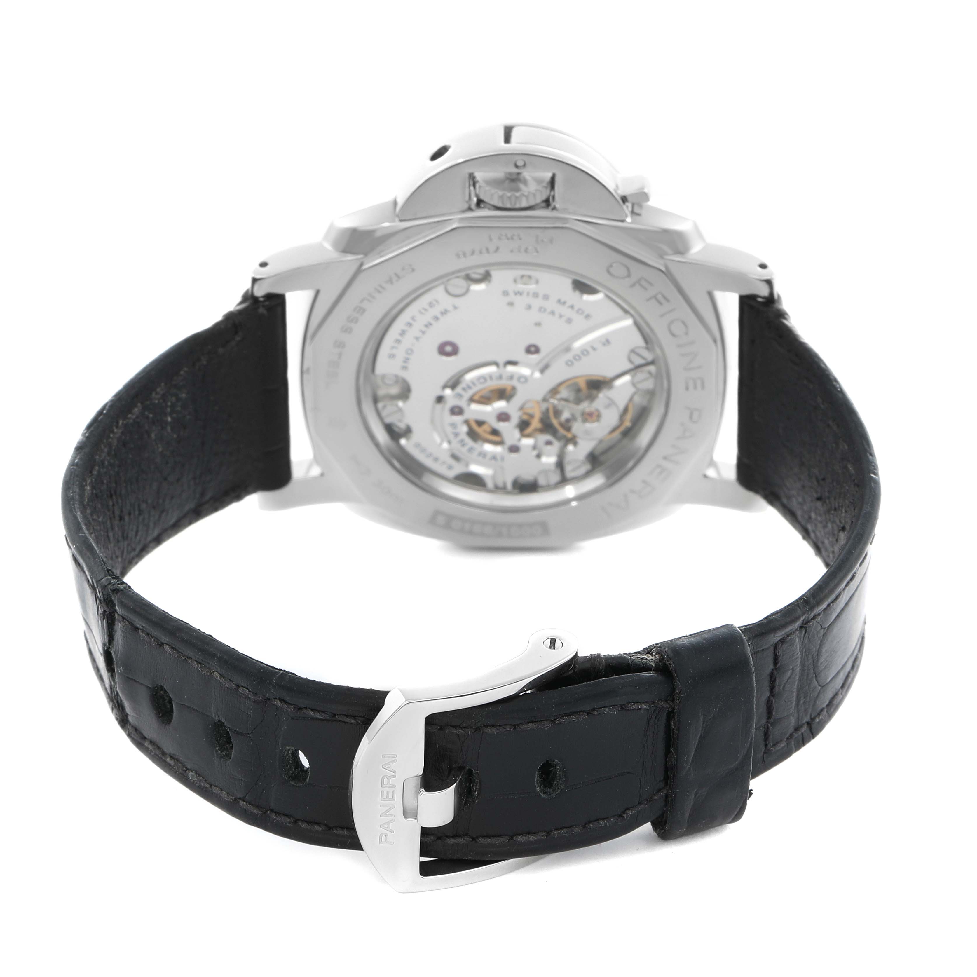 The image shows the back view of a Panerai Luminor Due PAM00676 Men's Stainless Steel Black Dial watch, featuring its open case back and visible movement, along with a black leather strap and buckle.