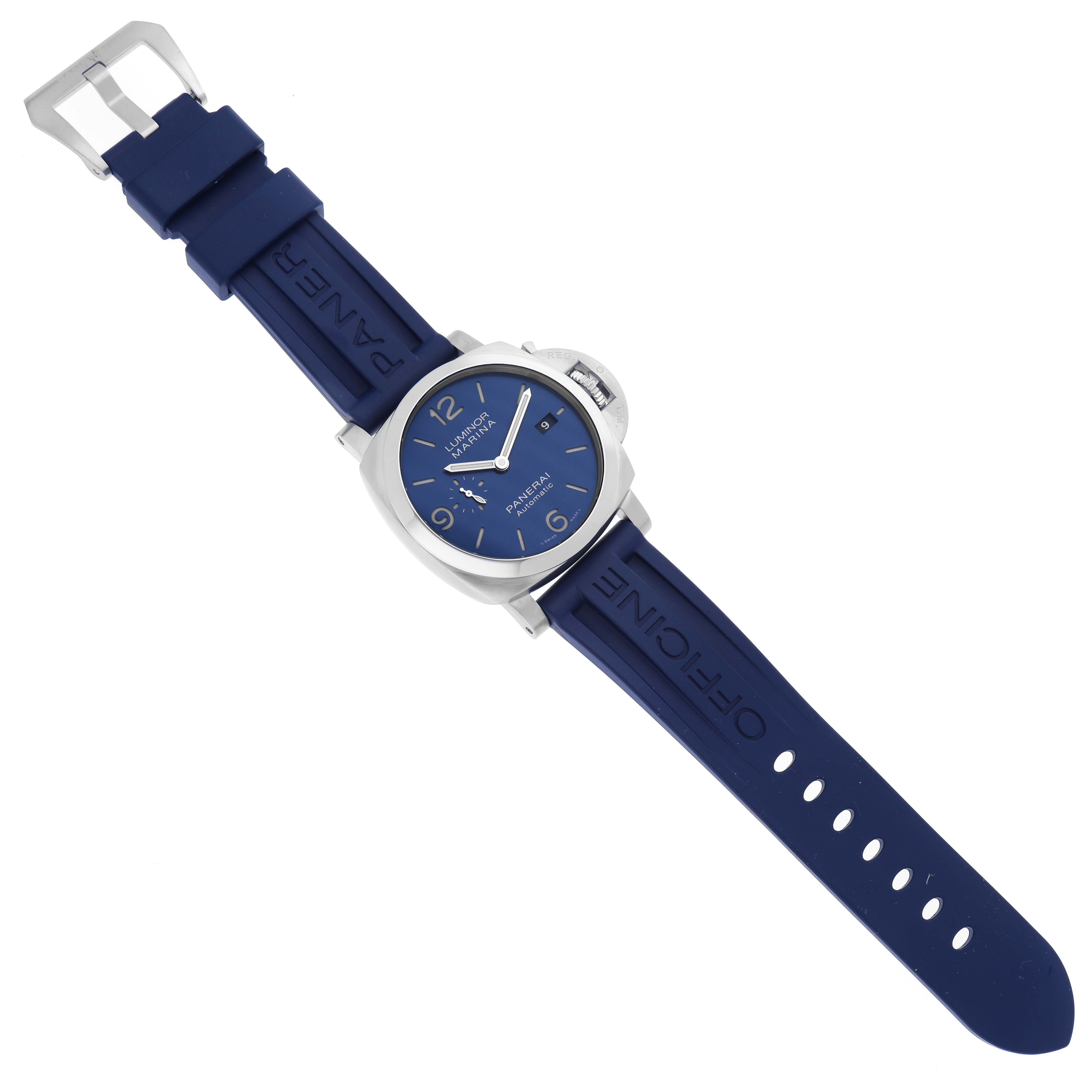 This image shows a Panerai Luminor PAM01313 Men's Stainless Steel Blue Dial PAM01313 Men's Stainless Steel Blue Dial watch with a blue dial and blue rubber strap laid flat.