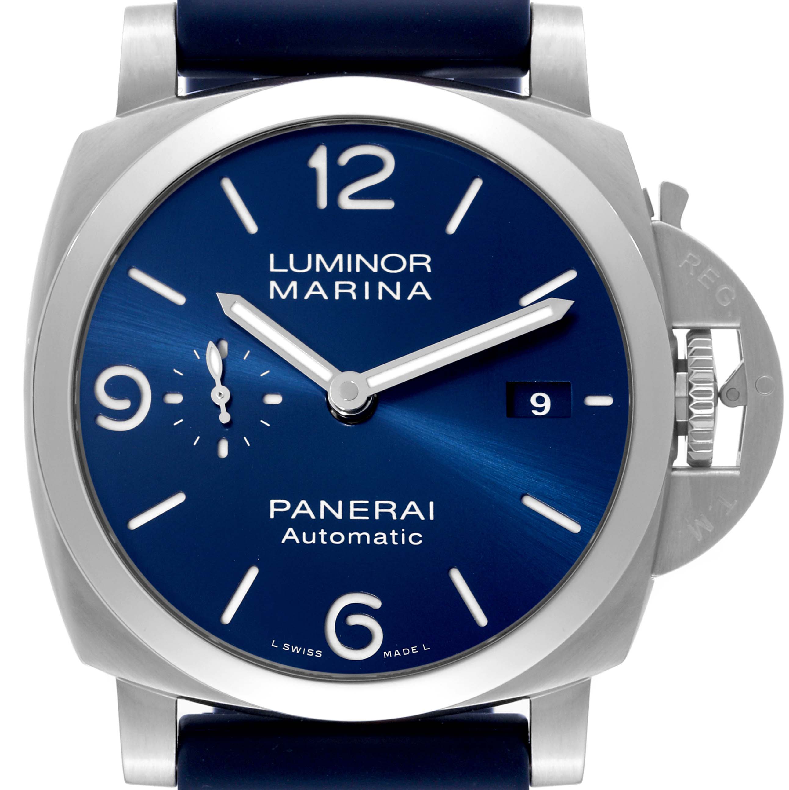The image shows a frontal view of a Panerai Luminor PAM01313 Men's Stainless Steel Blue Dial PAM01313 Men's Stainless Steel Blue Dial Marina watch, highlighting the dial, hands, and crown guard.