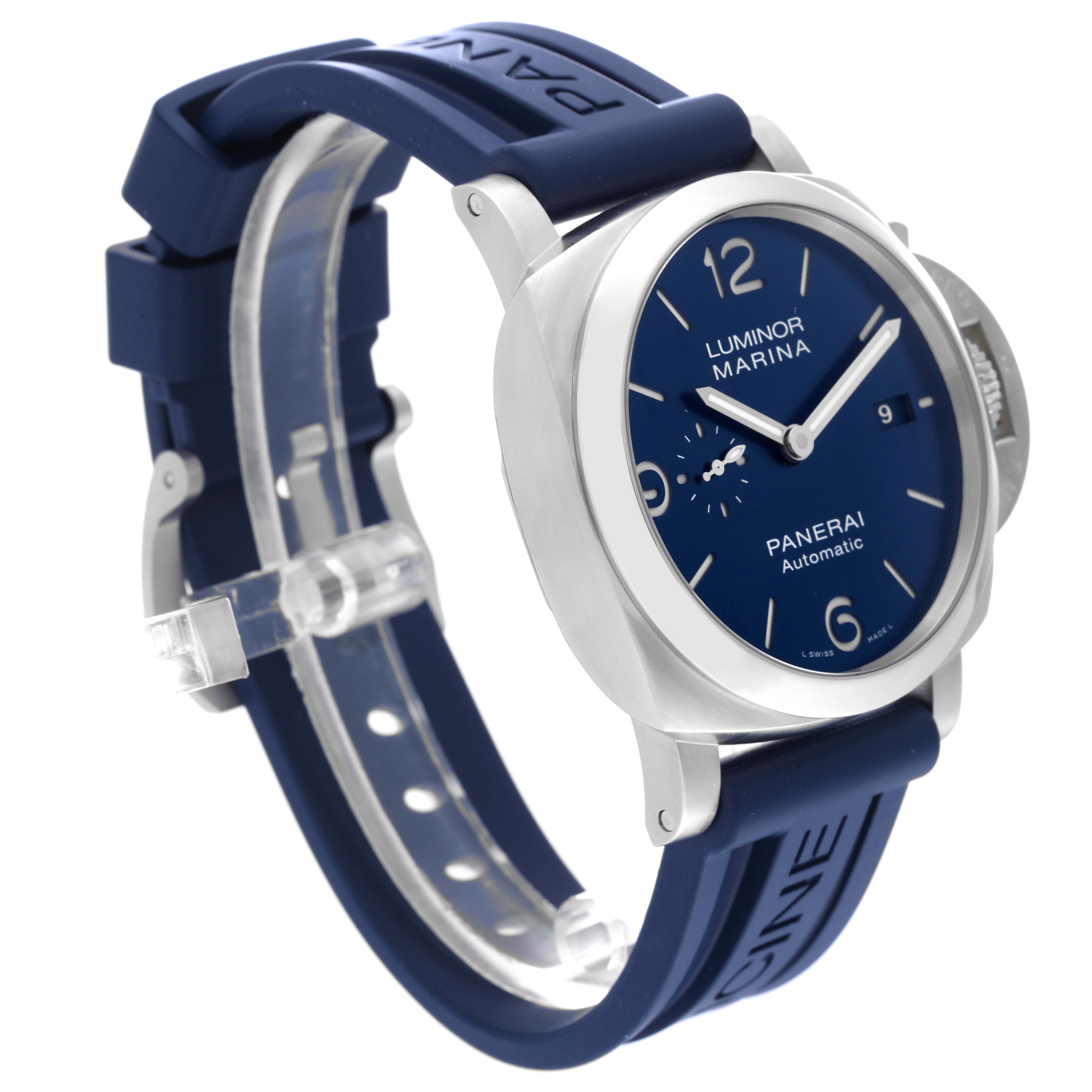 The image shows a Panerai Luminor PAM01313 Men's Stainless Steel Blue Dial PAM01313 Men's Stainless Steel Blue Dial Marina watch at a 3/4 angle, highlighting its blue dial, silicone strap, and stainless steel case.