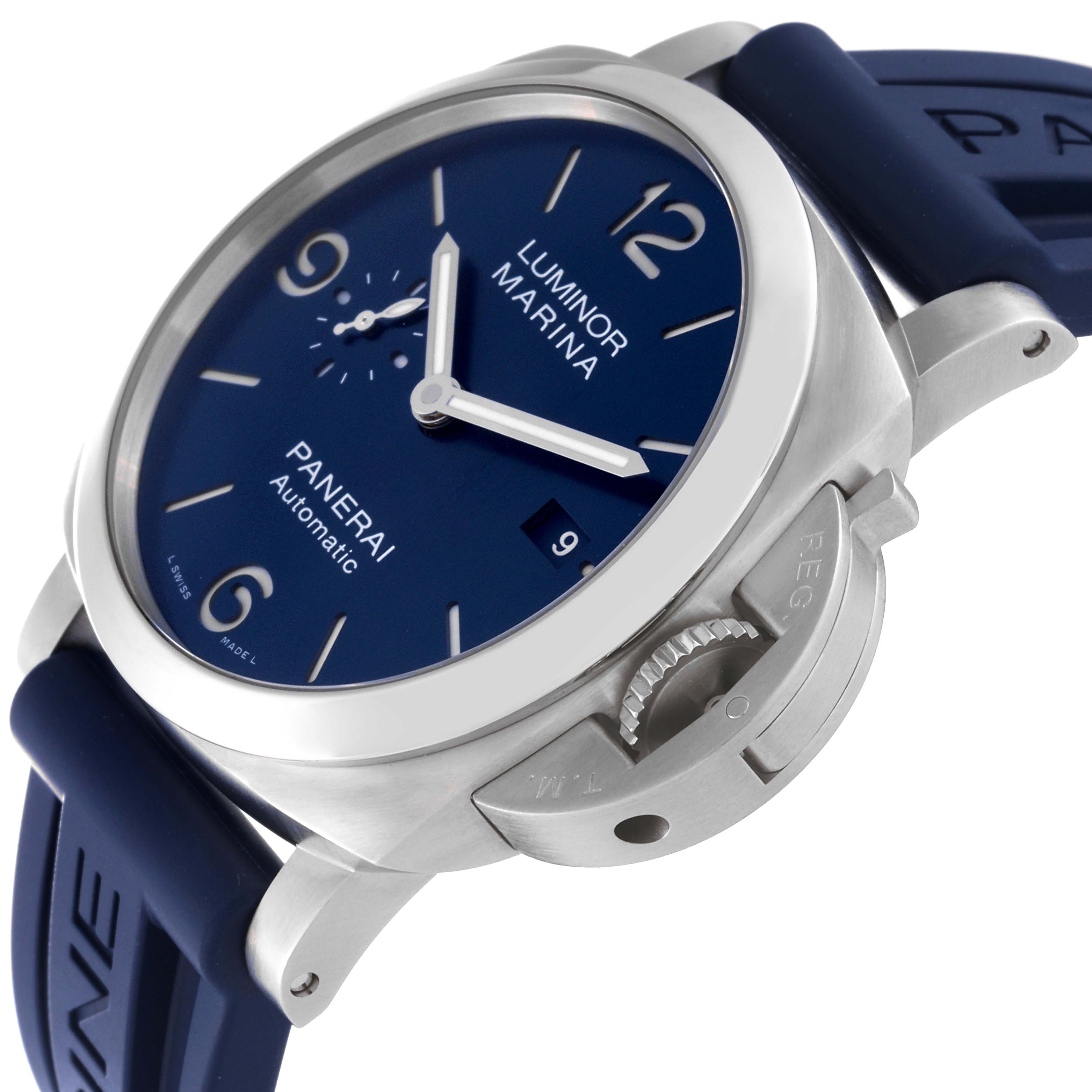 The image shows a side view angle of a Panerai Luminor PAM01313 Men's Stainless Steel Blue Dial PAM01313 Men's Stainless Steel Blue Dial Marina watch, highlighting the dial, bezel, and crown guard.