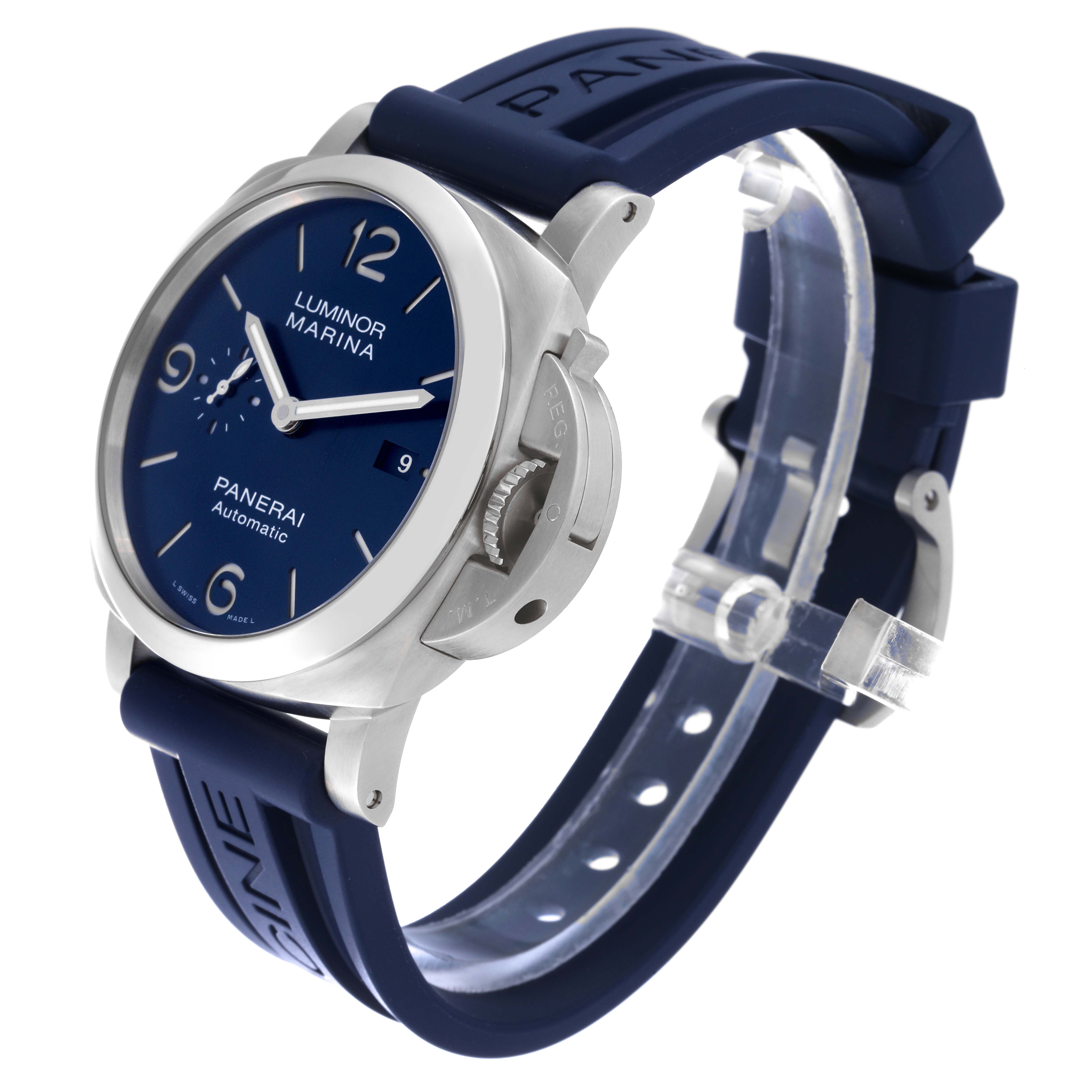 The image shows a Panerai Luminor PAM01313 Men's Stainless Steel Blue Dial PAM01313 Men's Stainless Steel Blue Dial Marina watch at a three-quarter angle, highlighting its dial, crown guard, and blue rubber strap.
