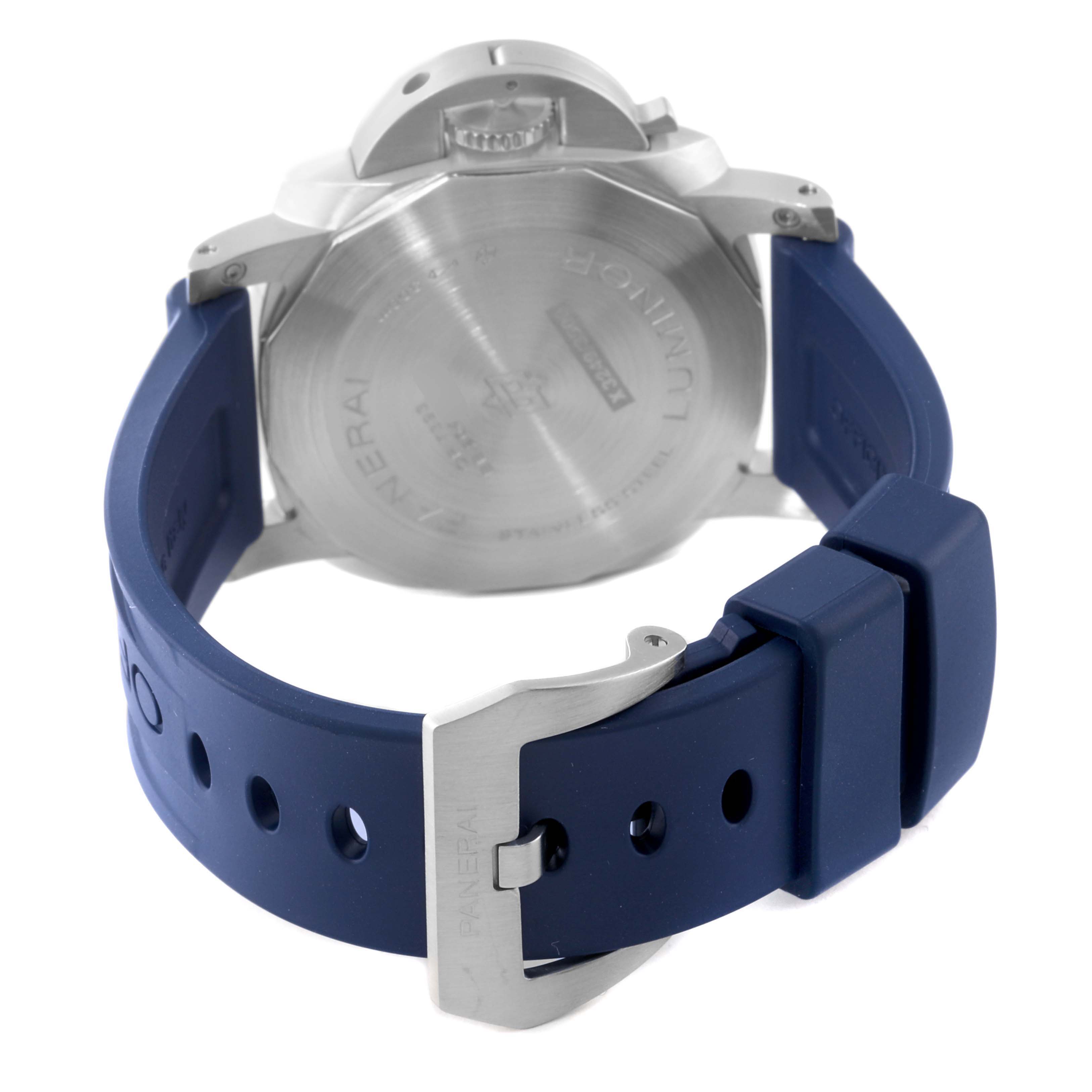 This image shows the back case and strap of a Panerai Luminor PAM01313 Men's Stainless Steel Blue Dial PAM01313 Men's Stainless Steel Blue Dial watch, specifically focusing on the caseback and buckle.