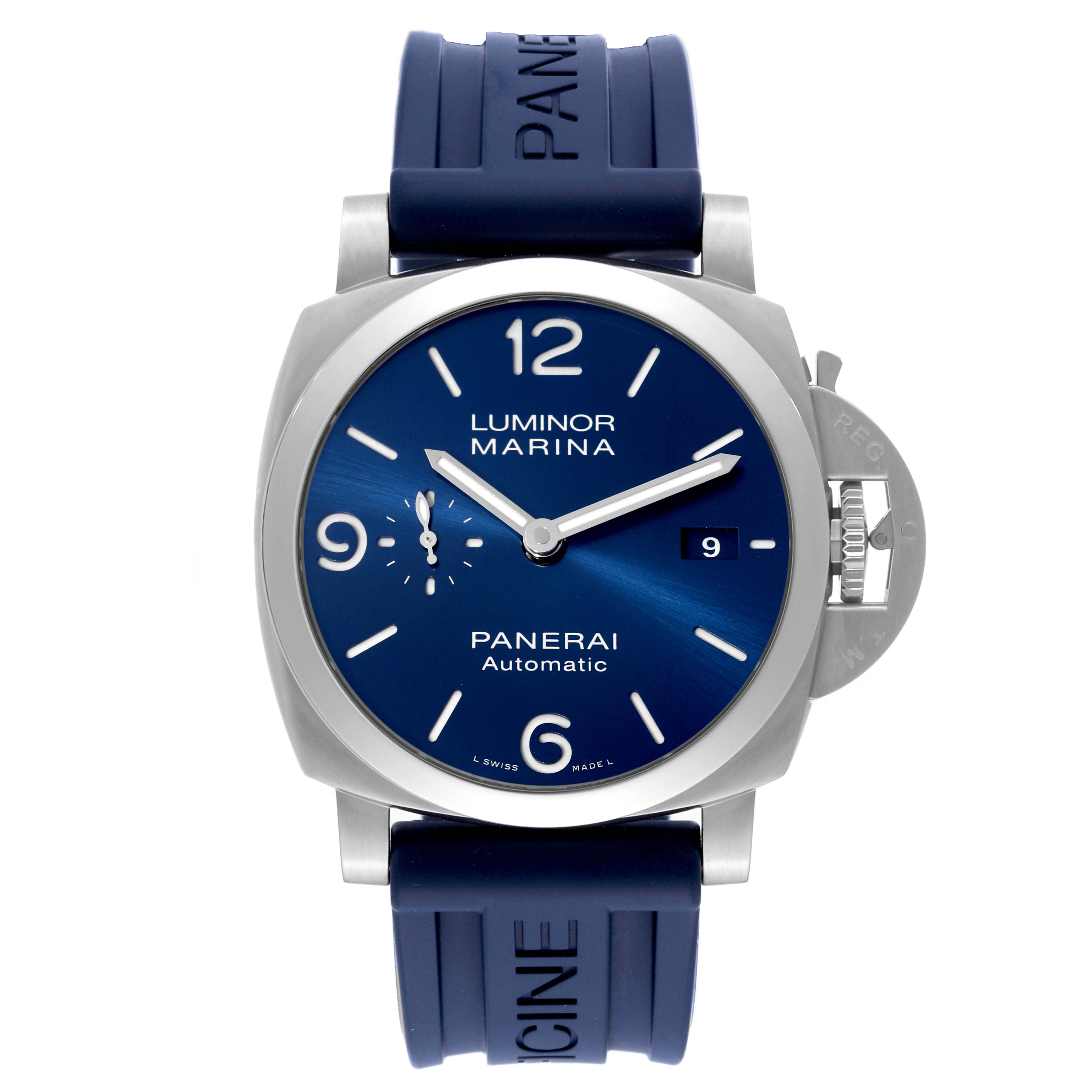 This image shows a front view of the Panerai Luminor PAM01313 Men's Stainless Steel Blue Dial PAM01313 Men's Stainless Steel Blue Dial Marina watch, highlighting its face, blue dial, and rubber strap.