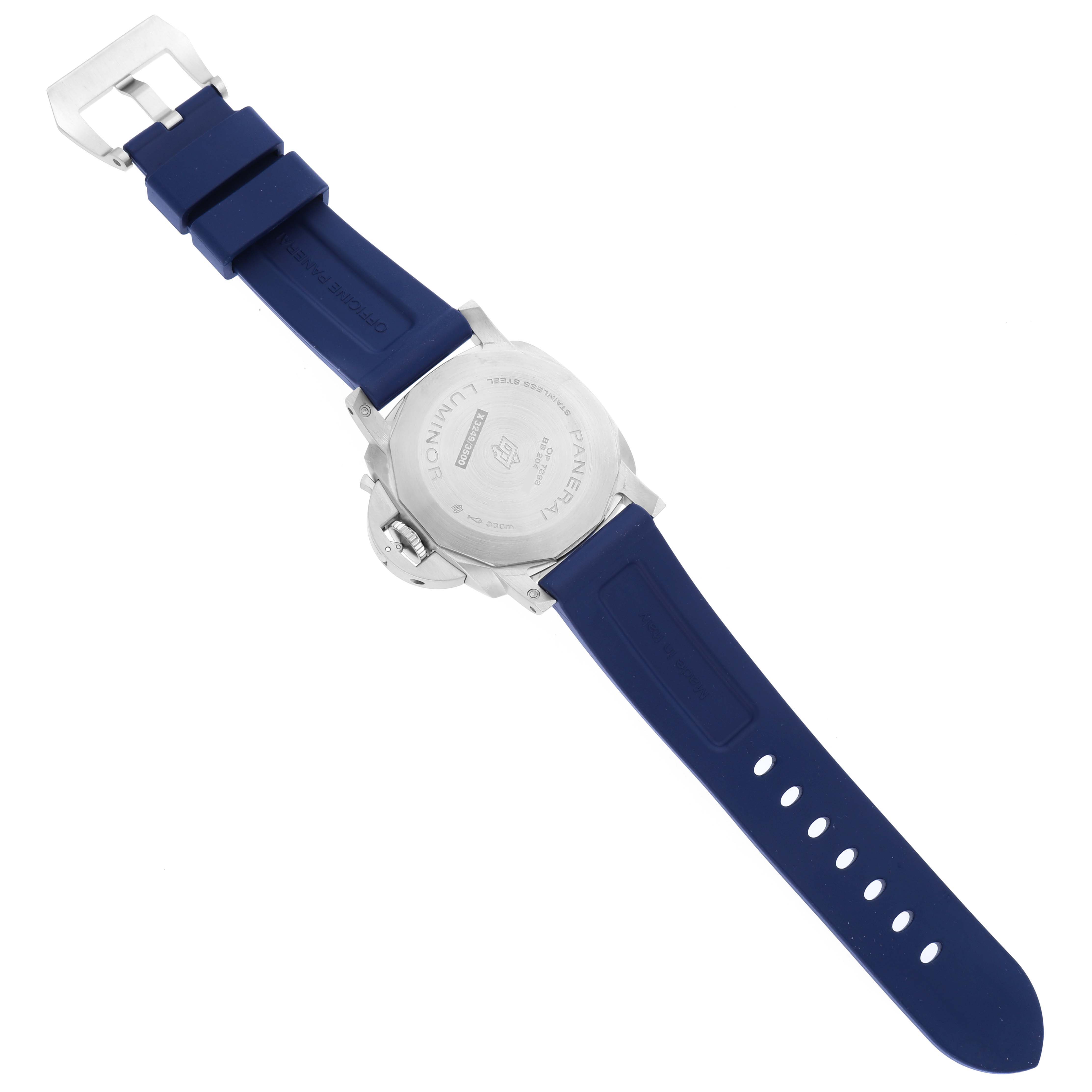 The image shows the back view of a Panerai Luminor PAM01313 Men's Stainless Steel Blue Dial PAM01313 Men's Stainless Steel Blue Dial watch with a blue rubber strap and buckle.