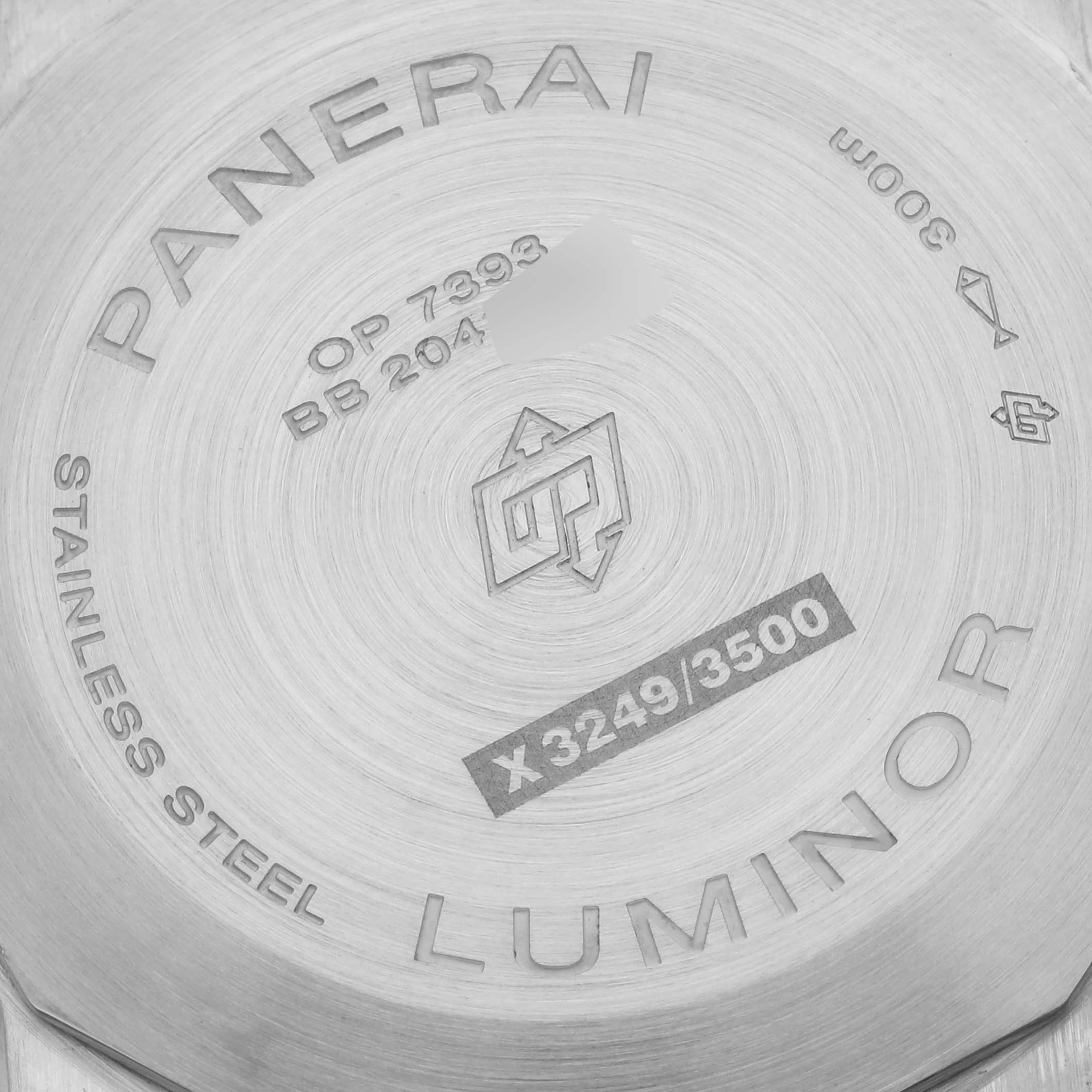 The image shows the back of a Panerai Luminor PAM01313 Men's Stainless Steel Blue Dial PAM01313 Men's Stainless Steel Blue Dial watch with model and series details engraved.