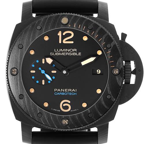 This image shows the front view of a Panerai Luminor Submersible Carbotech watch, highlighting the face, bezel, and dial.