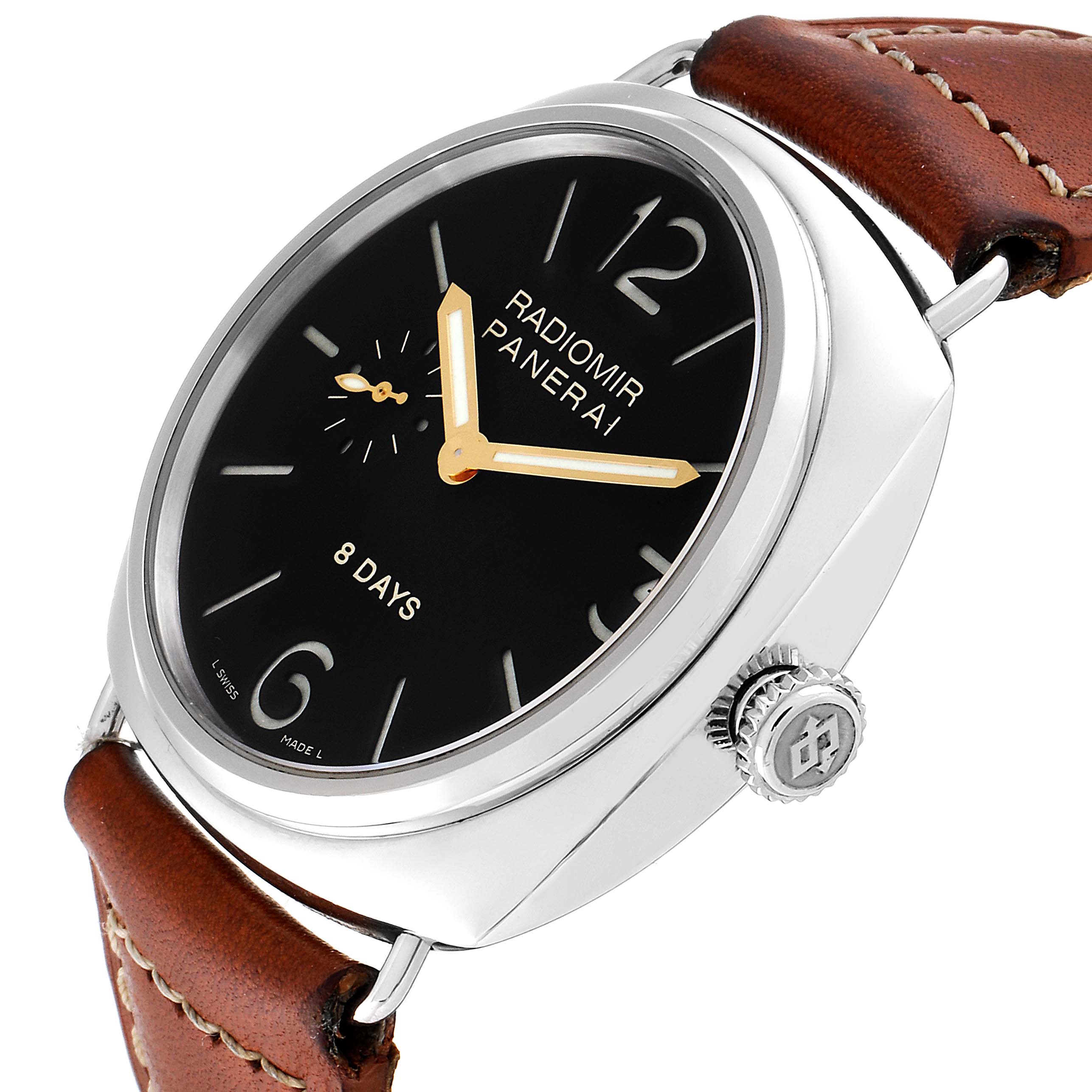 The image shows a Panerai Radiomir PAM00190 Men's Stainless Steel Black Dial PAM00190 Men's Stainless Steel Black Dial watch at an angled view, displaying the dial, crown, and part of the leather strap.