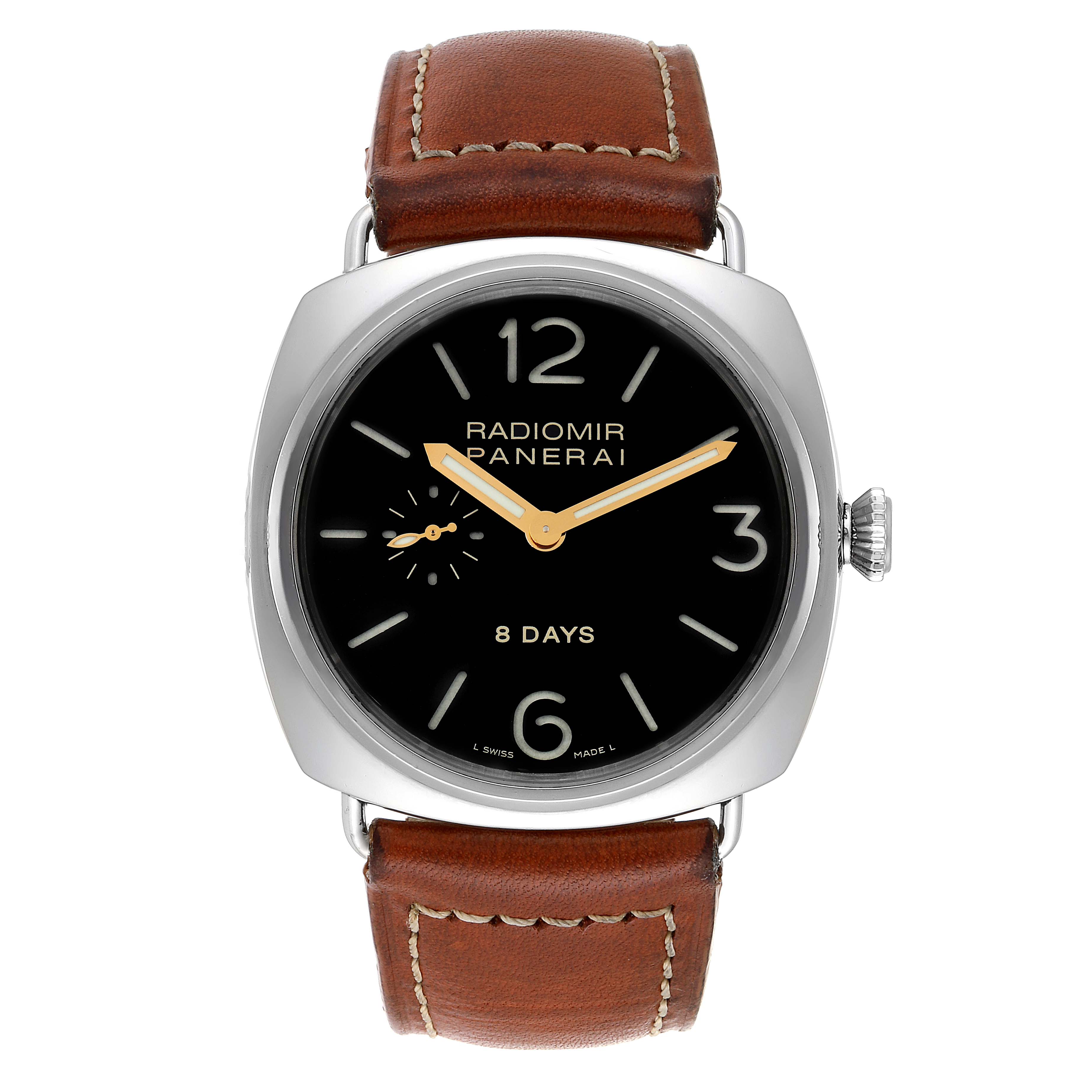 The Radiomir Panerai watch is shown from a top-down angle, highlighting its face, hands, dial, and leather strap.