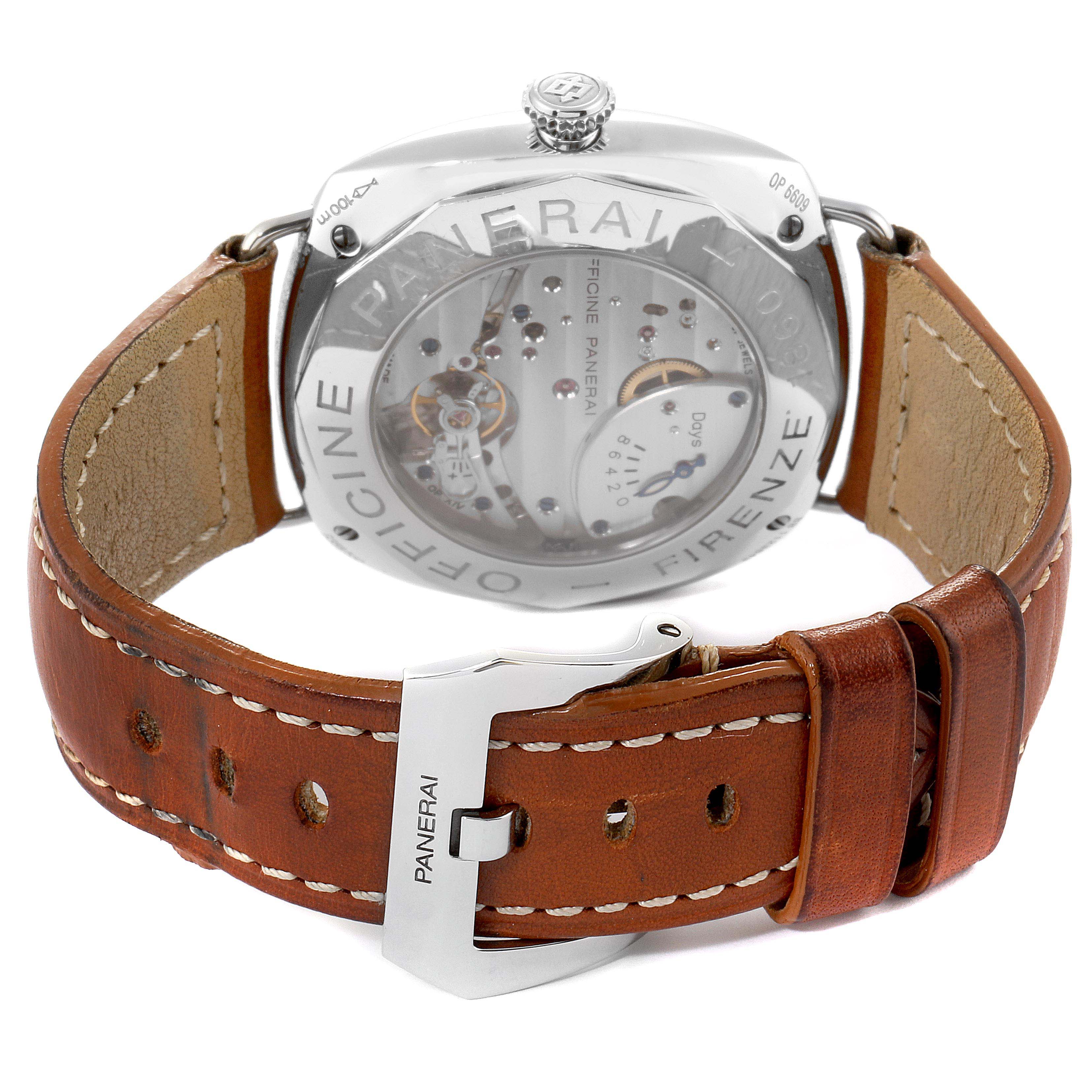 The image shows the back view of a Panerai Radiomir PAM00190 Men's Stainless Steel Black Dial PAM00190 Men's Stainless Steel Black Dial watch, highlighting its transparent case back and leather strap.