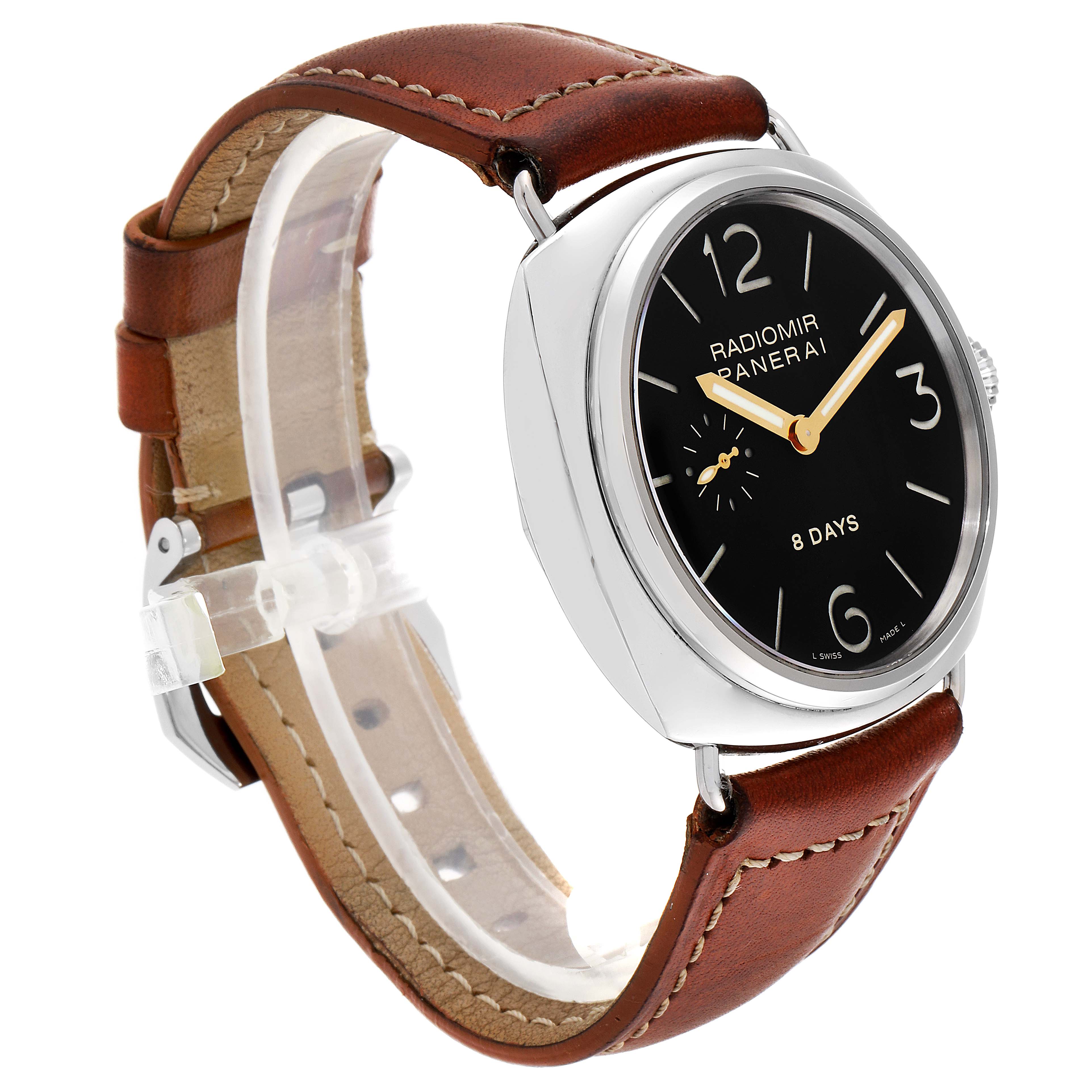 The image shows a side angle view of a Panerai Radiomir PAM00190 Men's Stainless Steel Black Dial PAM00190 Men's Stainless Steel Black Dial watch, highlighting its black dial, brown leather strap, and silver case.