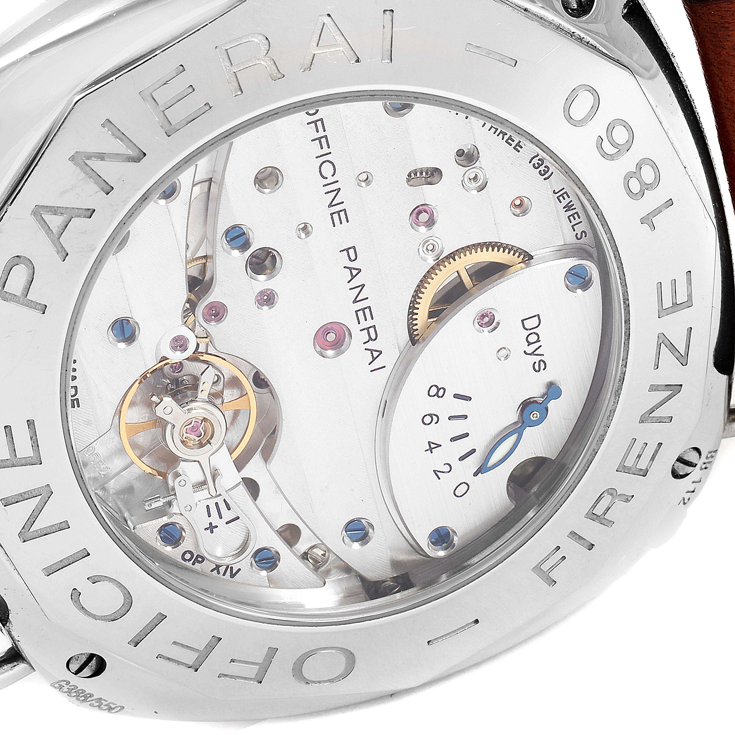 The image shows the back view of a Panerai Radiomir PAM00190 Men's Stainless Steel Black Dial PAM00190 Men's Stainless Steel Black Dial watch, highlighting its exposed mechanical movement and inscriptions.