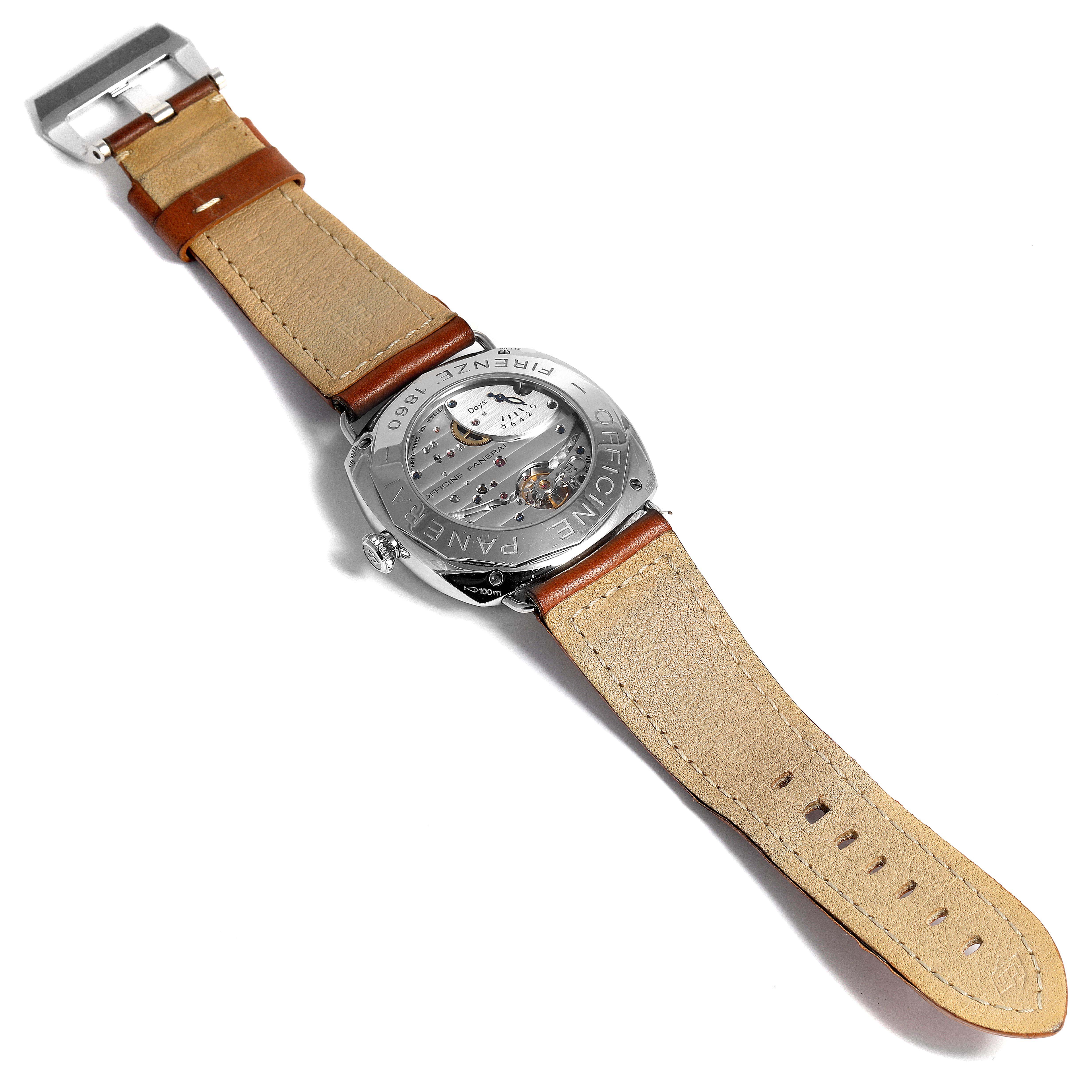 The image shows the back view of a Panerai Radiomir PAM00190 Men's Stainless Steel Black Dial PAM00190 Men's Stainless Steel Black Dial watch, displaying the movement and leather straps.