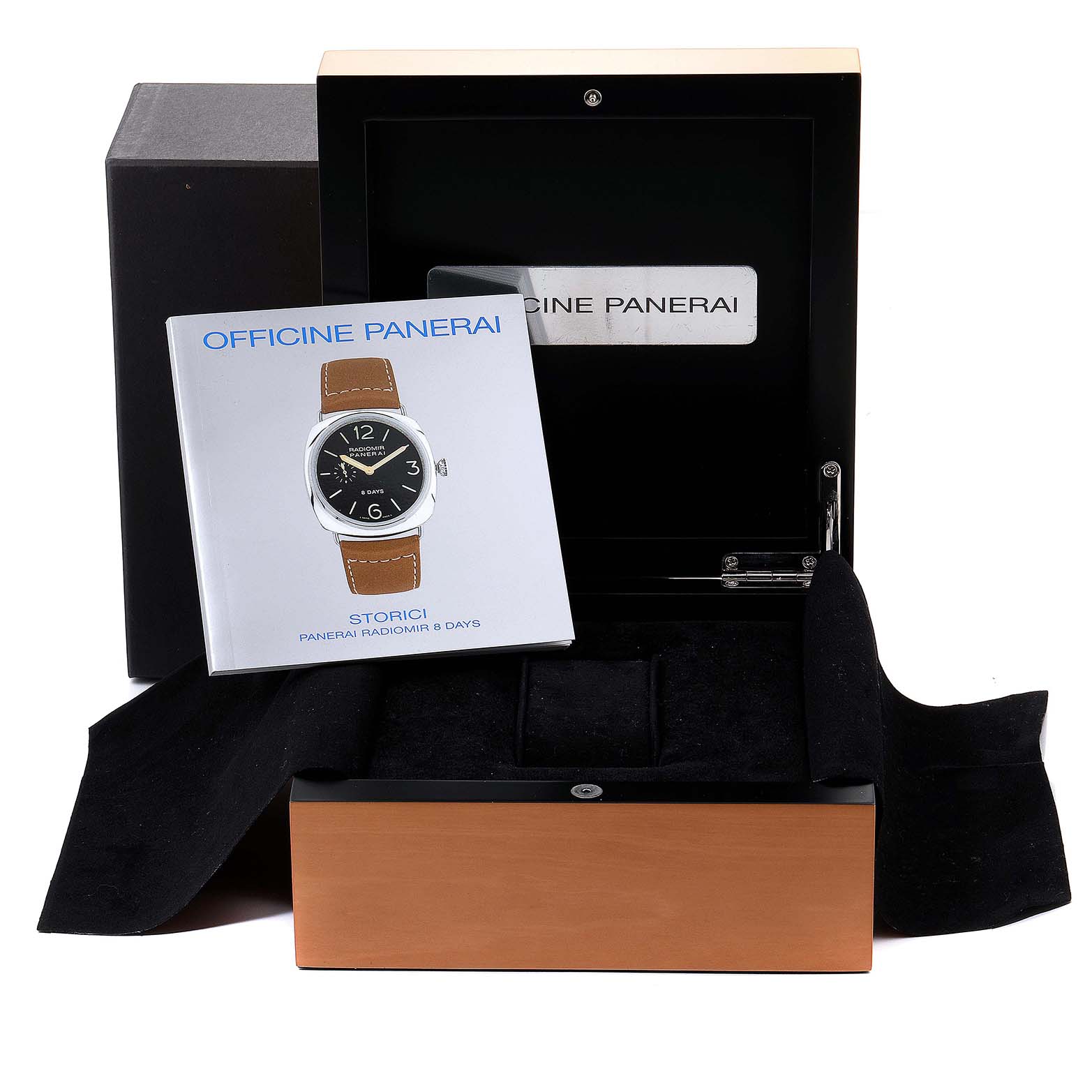 This image shows a Panerai Radiomir PAM00190 Men's Stainless Steel Black Dial PAM00190 Men's Stainless Steel Black Dial watch box, an instruction booklet, and watch cushions, viewed from the front.