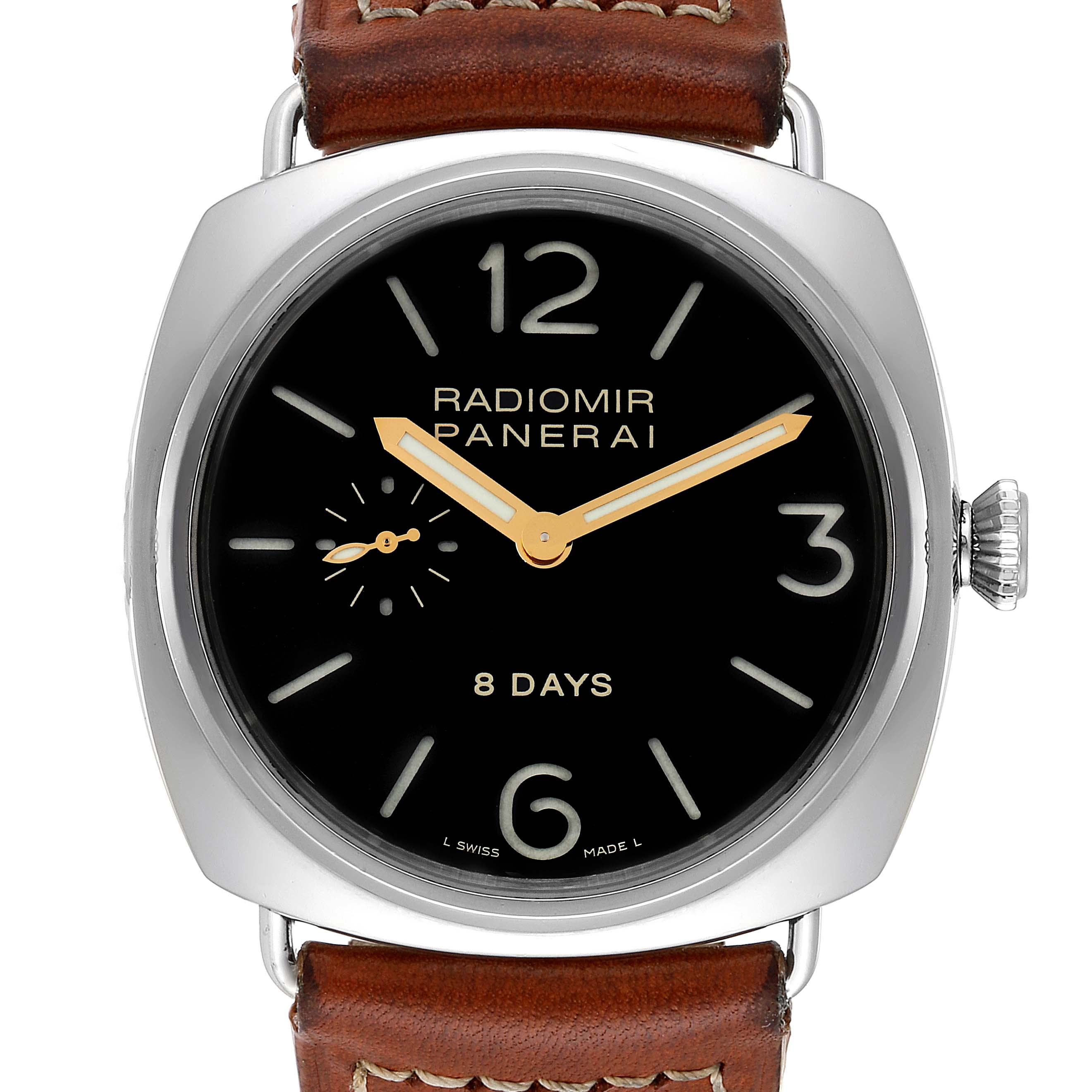 The image shows a straight-on view of the Panerai Radiomir PAM00190 Men's Stainless Steel Black Dial PAM00190 Men's Stainless Steel Black Dial watch, highlighting its black dial, brown leather strap, and crown.