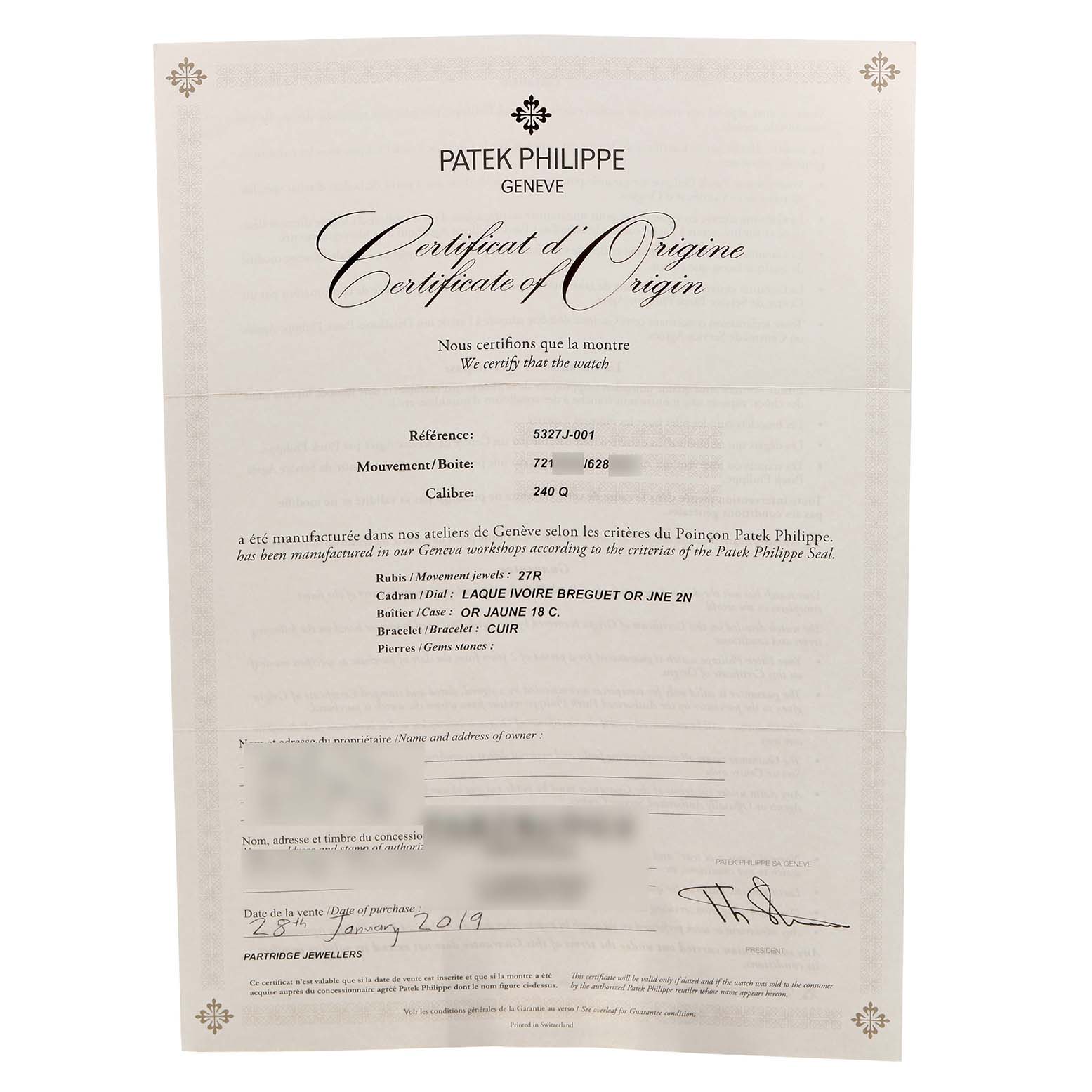 This image shows the certificate of origin for a Patek Philippe Complications 5327J-001 Men's Yellow Gold Beige Dial model.