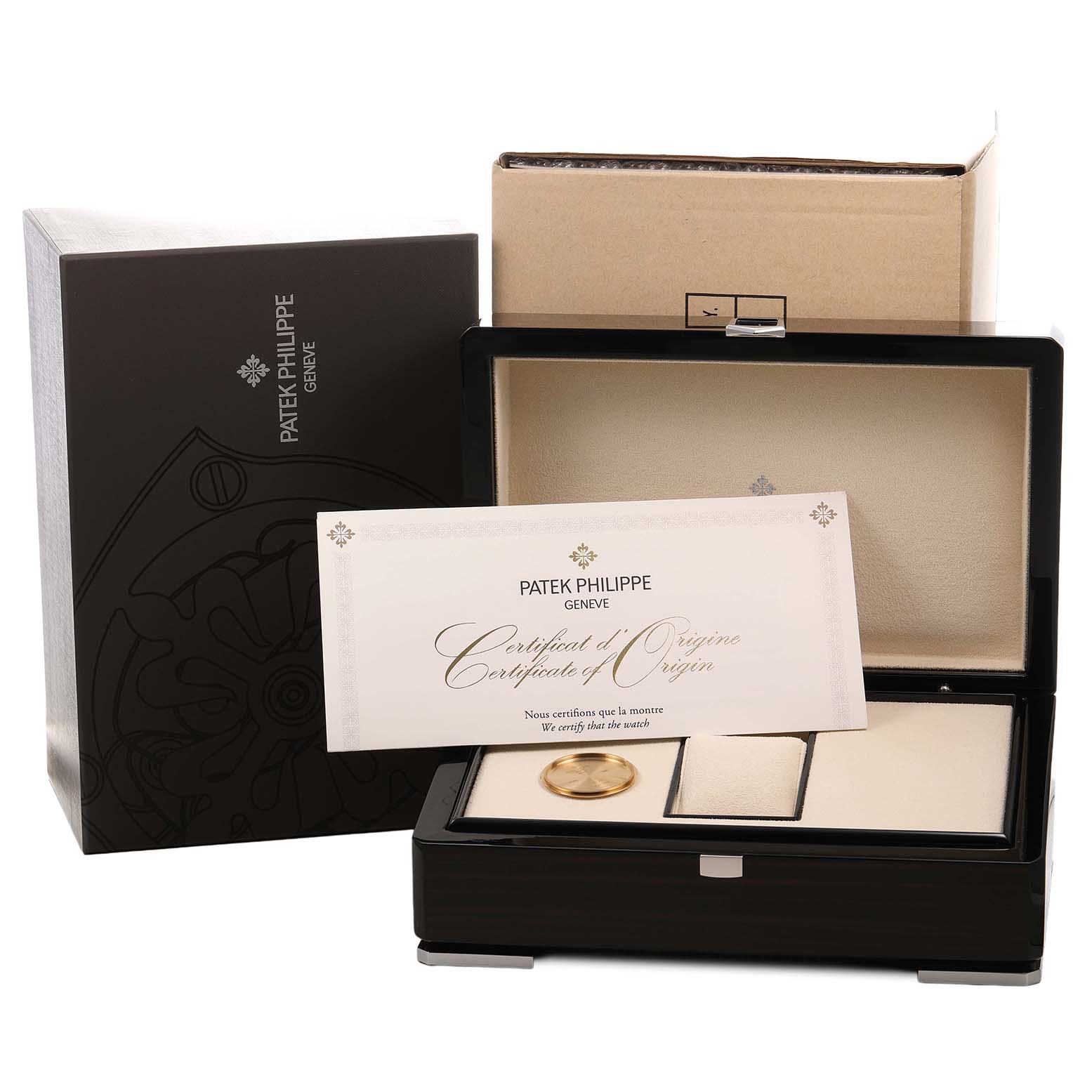 The image shows a Patek Philippe Complications 5327J-001 Men's Yellow Gold Beige Dial watch box, certificate, and packaging from a side angle.