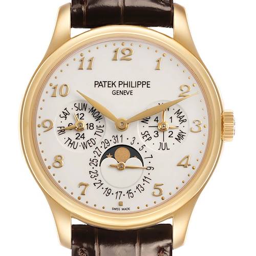 The Patek Philippe Complications 5327J-001 Men's Yellow Gold Beige Dial watch is shown from a front angle, highlighting its dial with calendar subdials and moon phase.