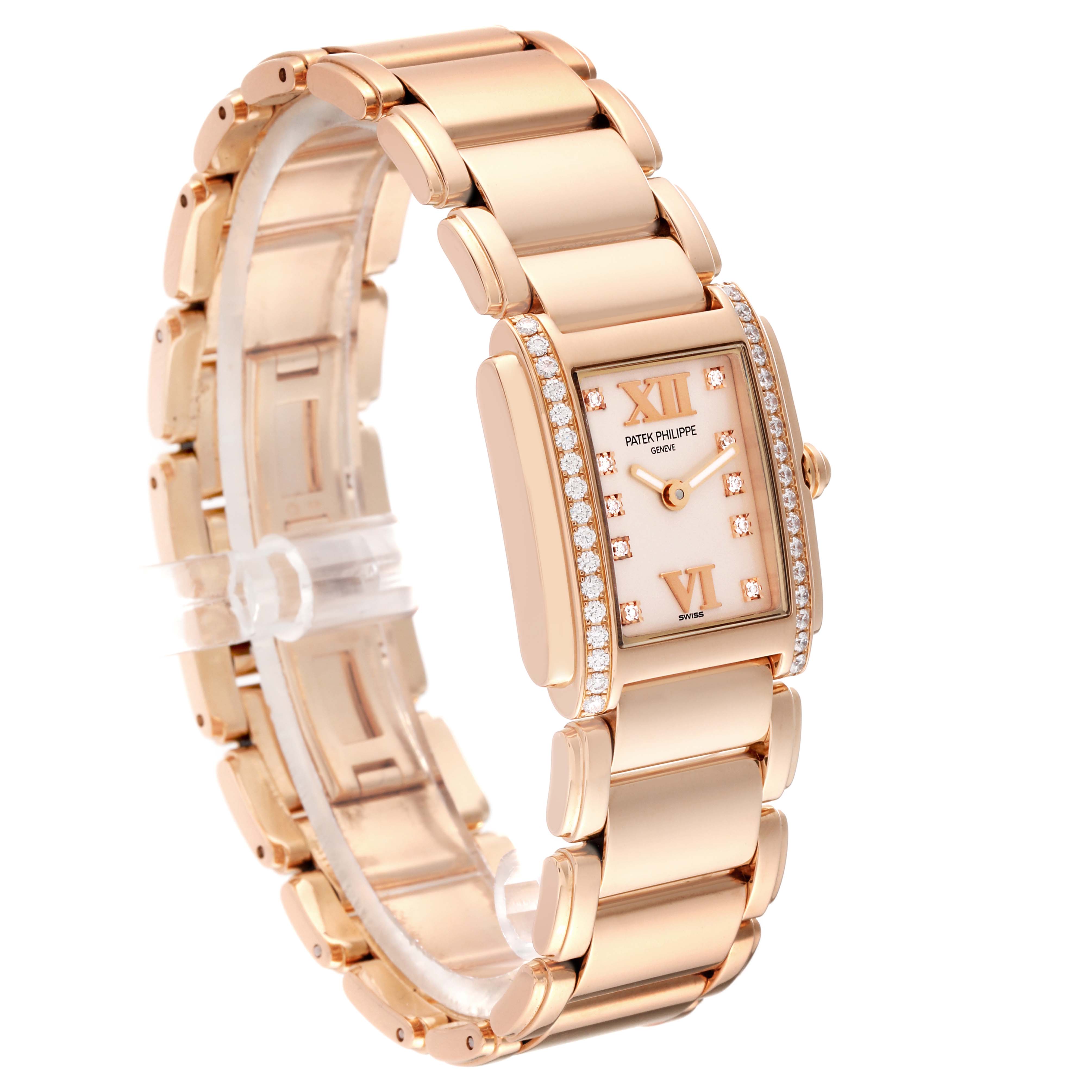 The Patek Philippe Twenty-4 4908/11R-011 Women's Rose Gold Silver Dial 4908/11R-011 Women's Rose Gold Silver Dial watch is shown at a slight angle, highlighting its rose gold case, diamond-set bezel, and bracelet.