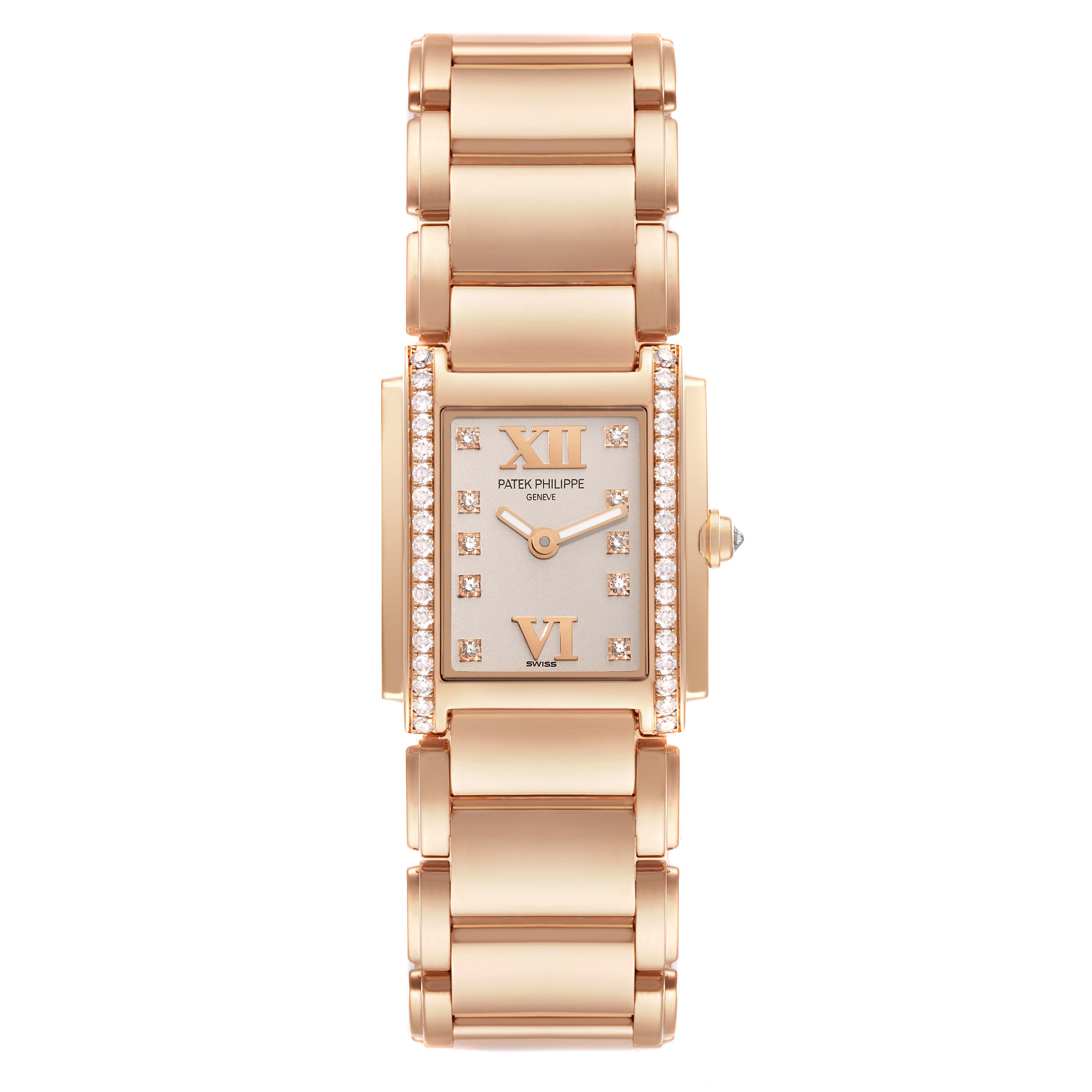 This image shows a top view of the Patek Philippe Twenty-4 4908/11R-011 Women's Rose Gold Silver Dial 4908/11R-011 Women's Rose Gold Silver Dial watch, highlighting its case, dial, bracelet, and crown.