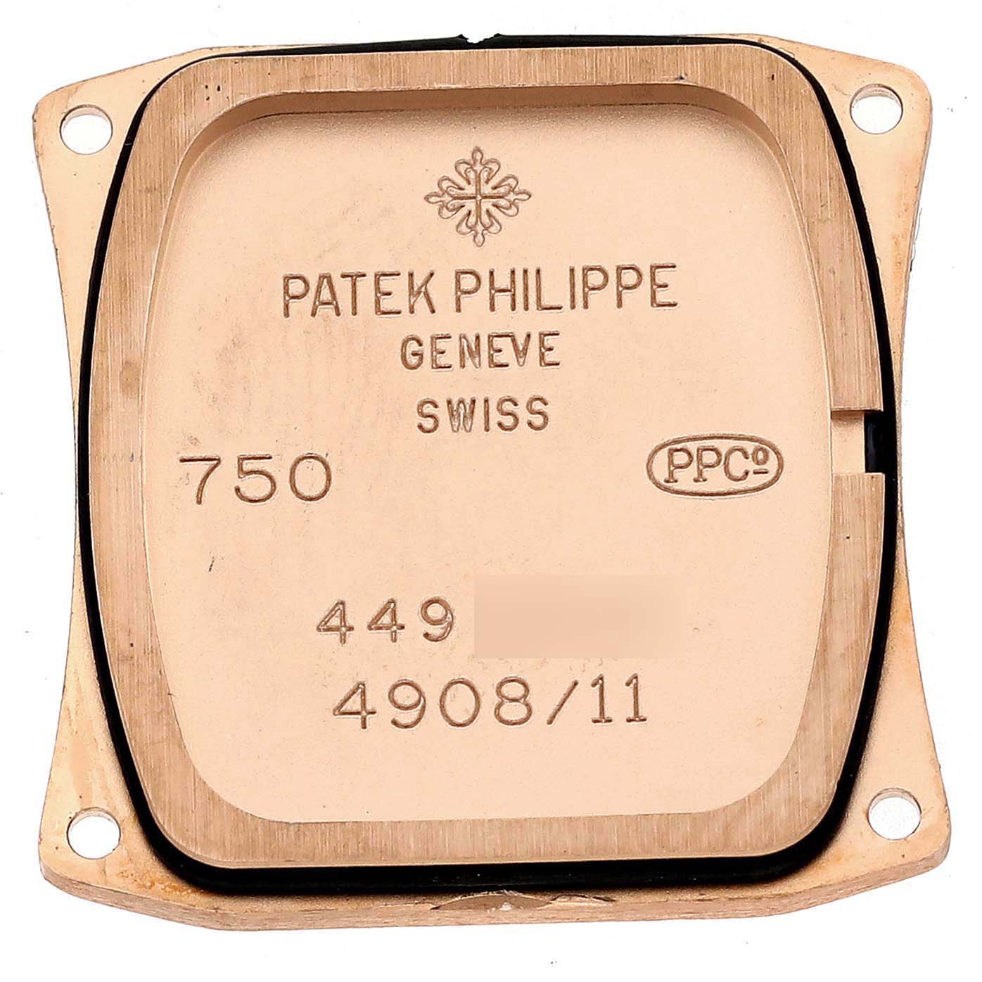 This image shows the back case of a Patek Philippe Twenty-4 4908/11R-011 Women's Rose Gold Silver Dial 4908/11R-011 Women's Rose Gold Silver Dial model watch.