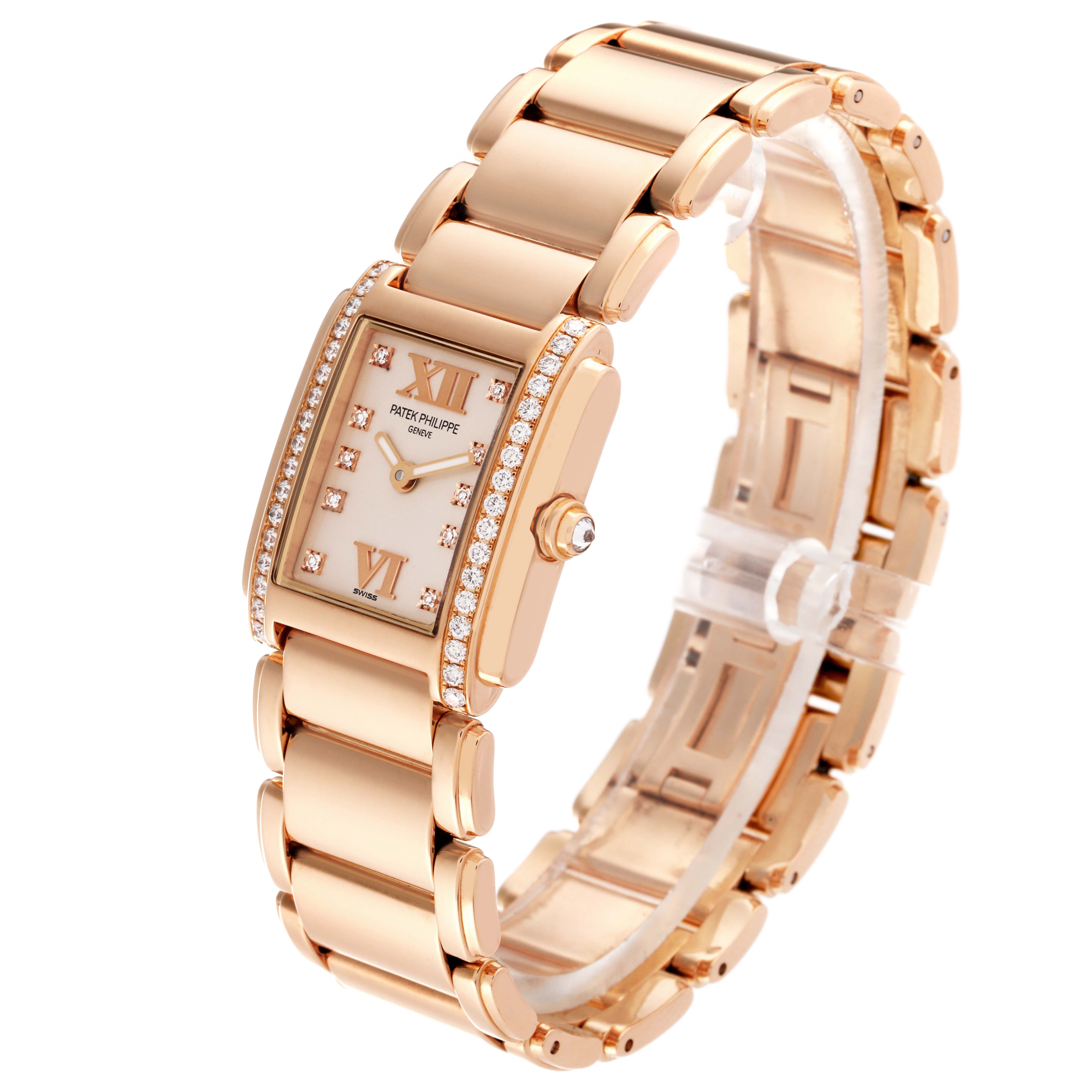 The Patek Philippe Twenty-4 4908/11R-011 Women's Rose Gold Silver Dial 4908/11R-011 Women's Rose Gold Silver Dial model watch is shown at an angled view, displaying the bracelet, case, dial, and crown.