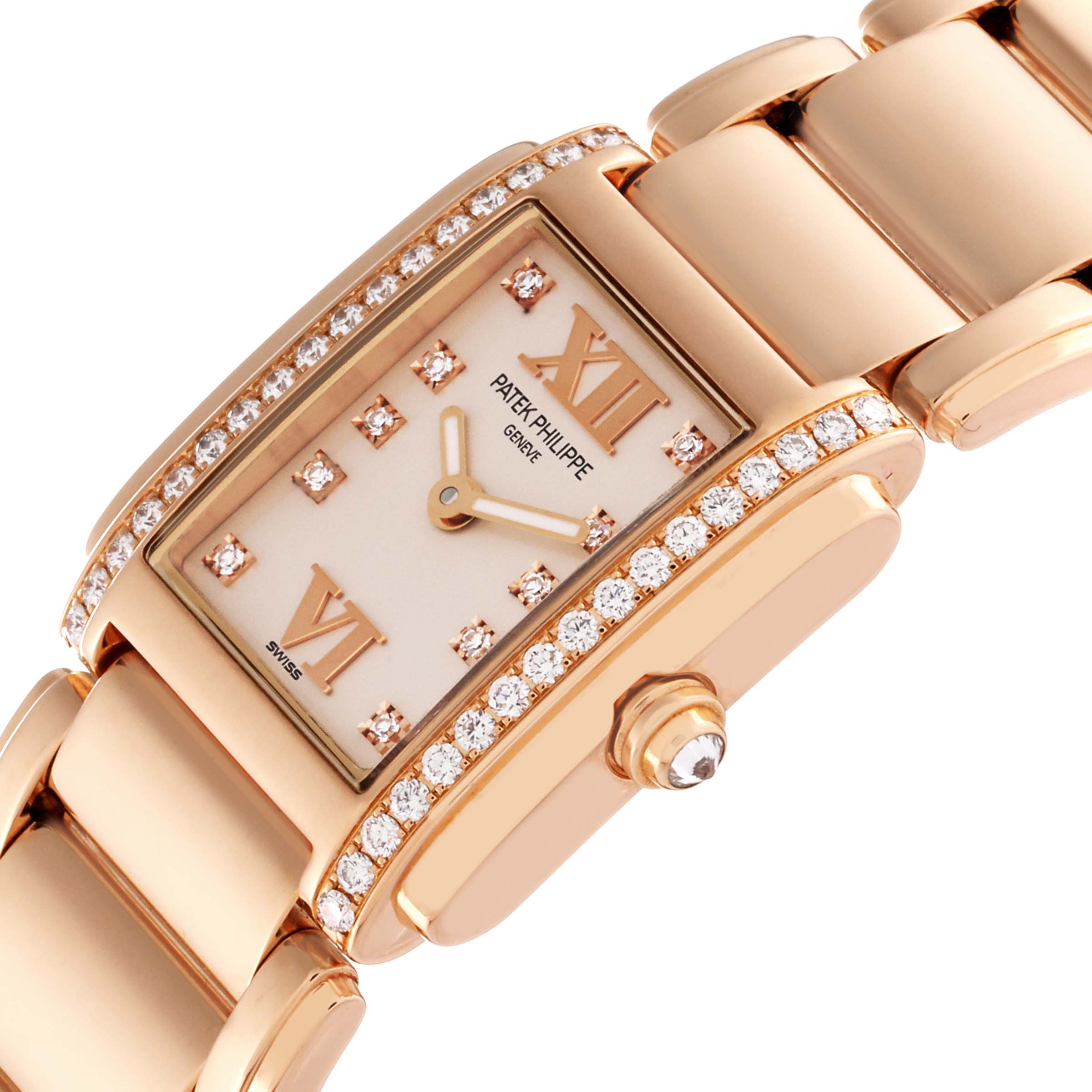The image shows a close-up angle of the Patek Philippe Twenty-4 4908/11R-011 Women's Rose Gold Silver Dial 4908/11R-011 Women's Rose Gold Silver Dial watch, focusing on its diamond-studded bezel, dial, and bracelet.