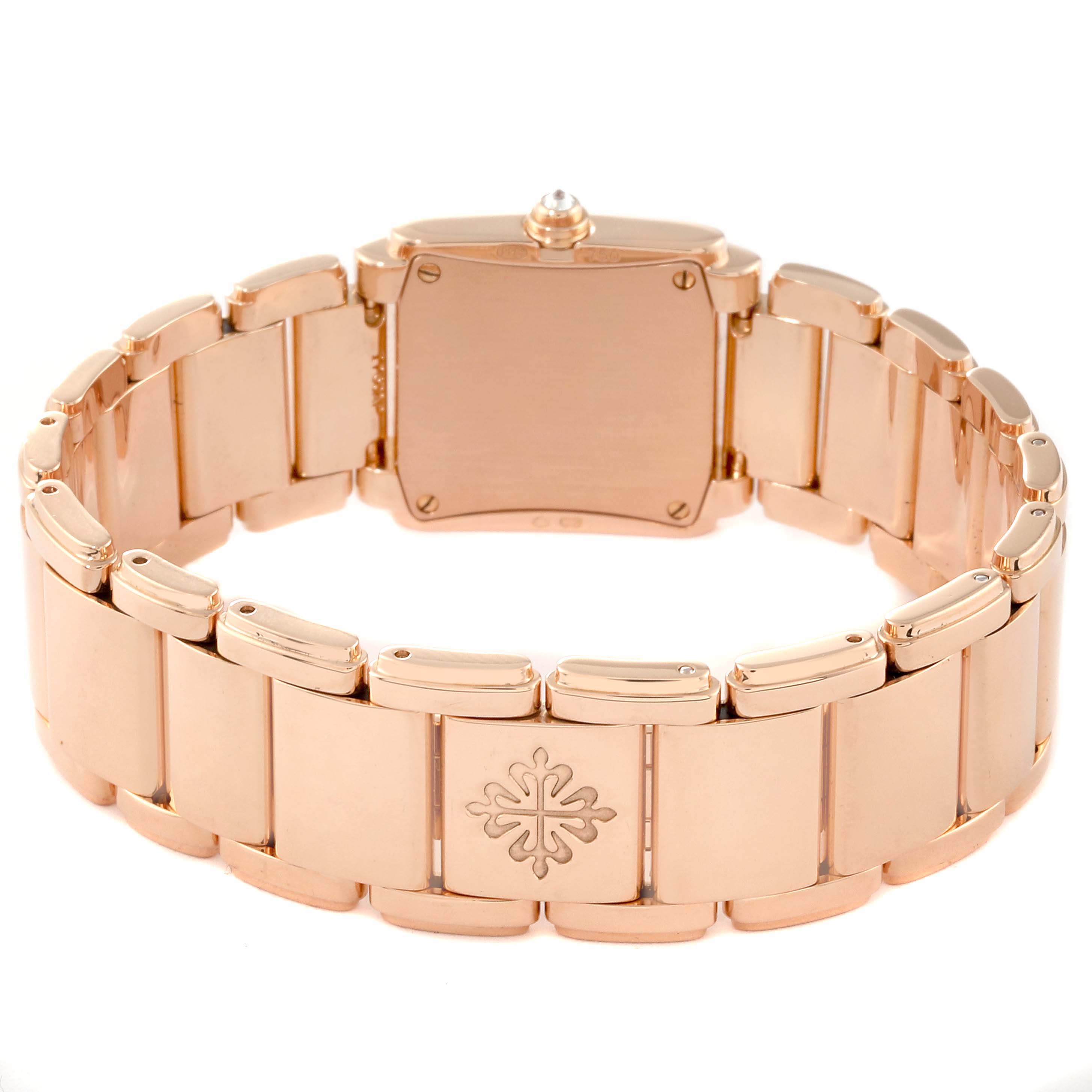 The image shows the back view of the Patek Philippe Twenty-4 4908/11R-011 Women's Rose Gold Silver Dial 4908/11R-011 Women's Rose Gold Silver Dial model, highlighting the bracelet and case back.