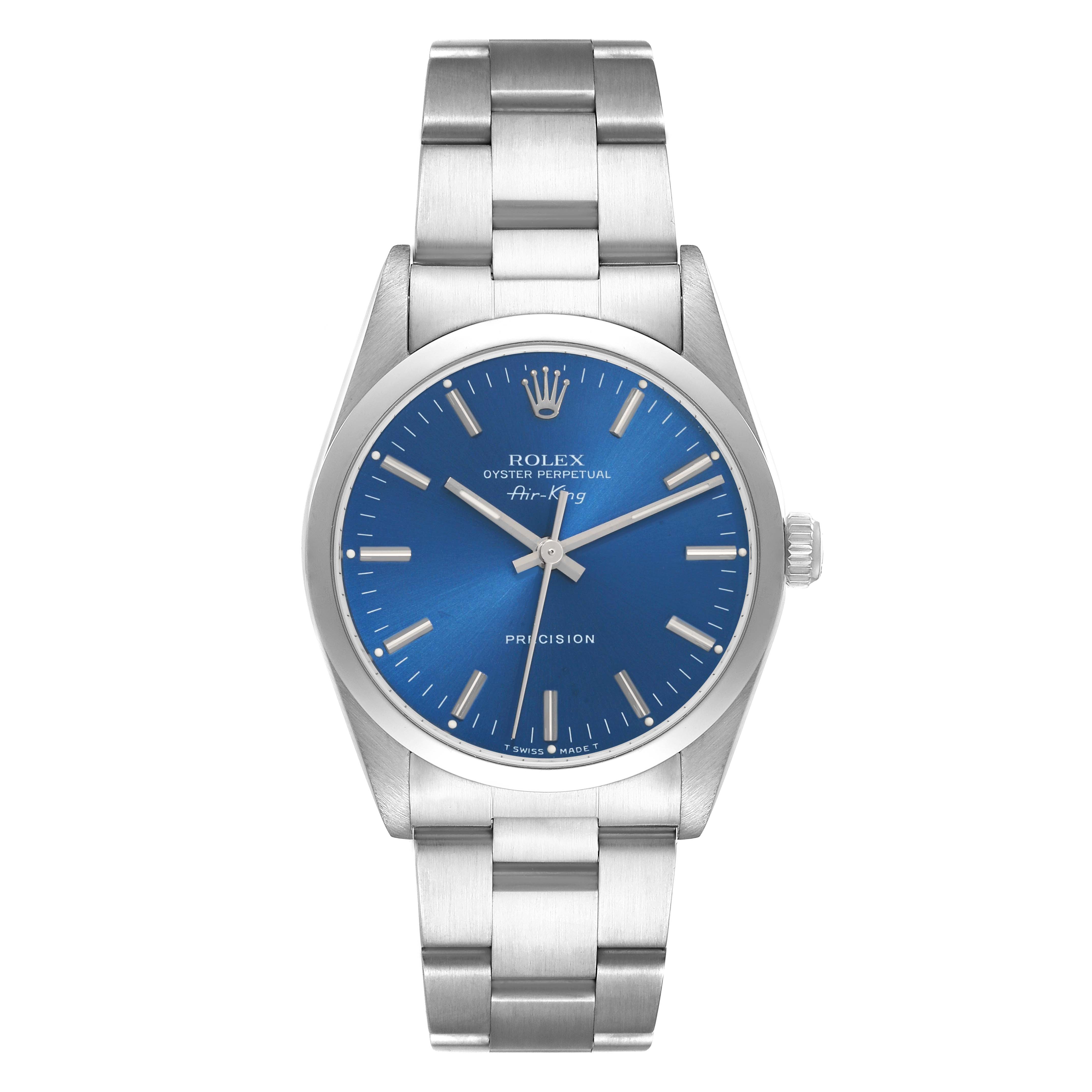 The Rolex Air-King 14000 Men
s Stainless Steel Blue Dial watch is shown from a top-down angle, highlighting the dial, bezel, crown, and bracelet.
