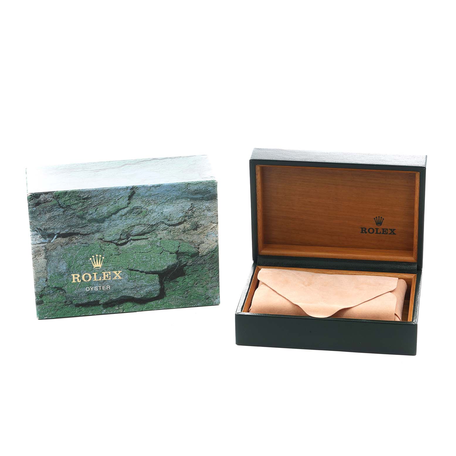 The image shows a Rolex Air-King 14000 Men
s Stainless Steel Blue Dial box and a leather pouch, with the box lid open, displaying the interior.