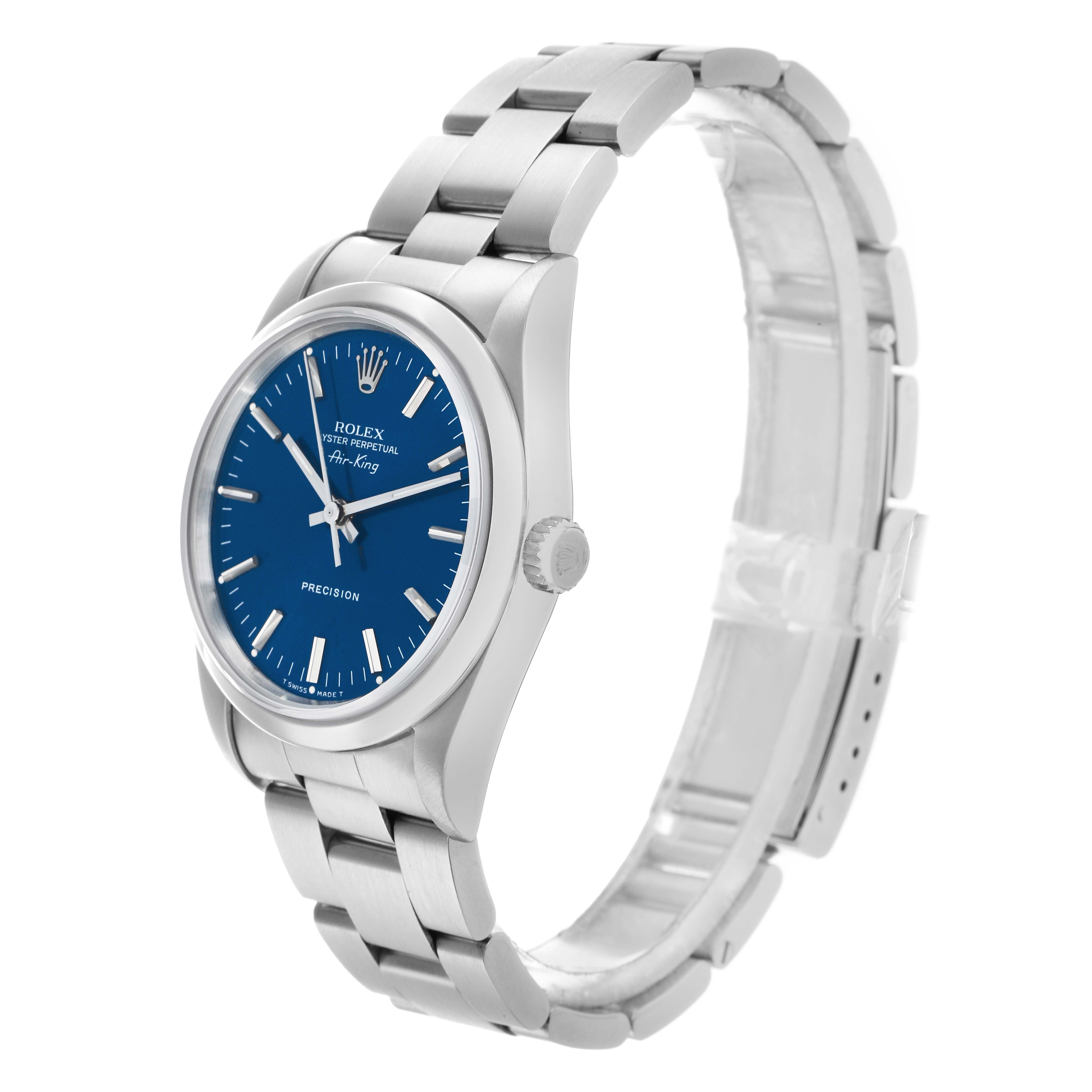 The Rolex Air-King 14000 Men
s Stainless Steel Blue Dial watch is shown from a three-quarter angle, highlighting the dial, bezel, crown, and bracelet.