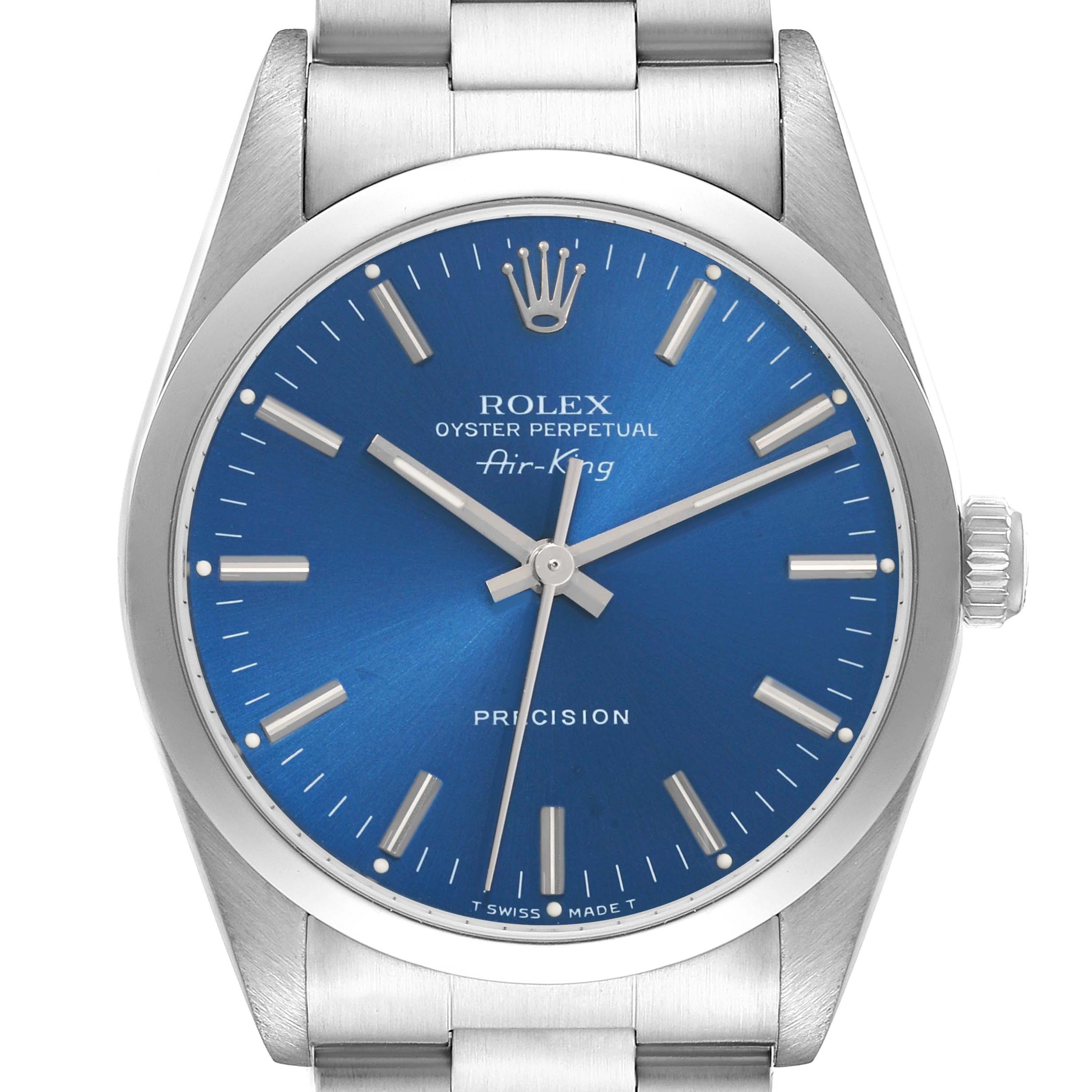 The Rolex Air-King 14000 Men
s Stainless Steel Blue Dial watch is shown from the front, highlighting the blue dial, crown, and bracelet.