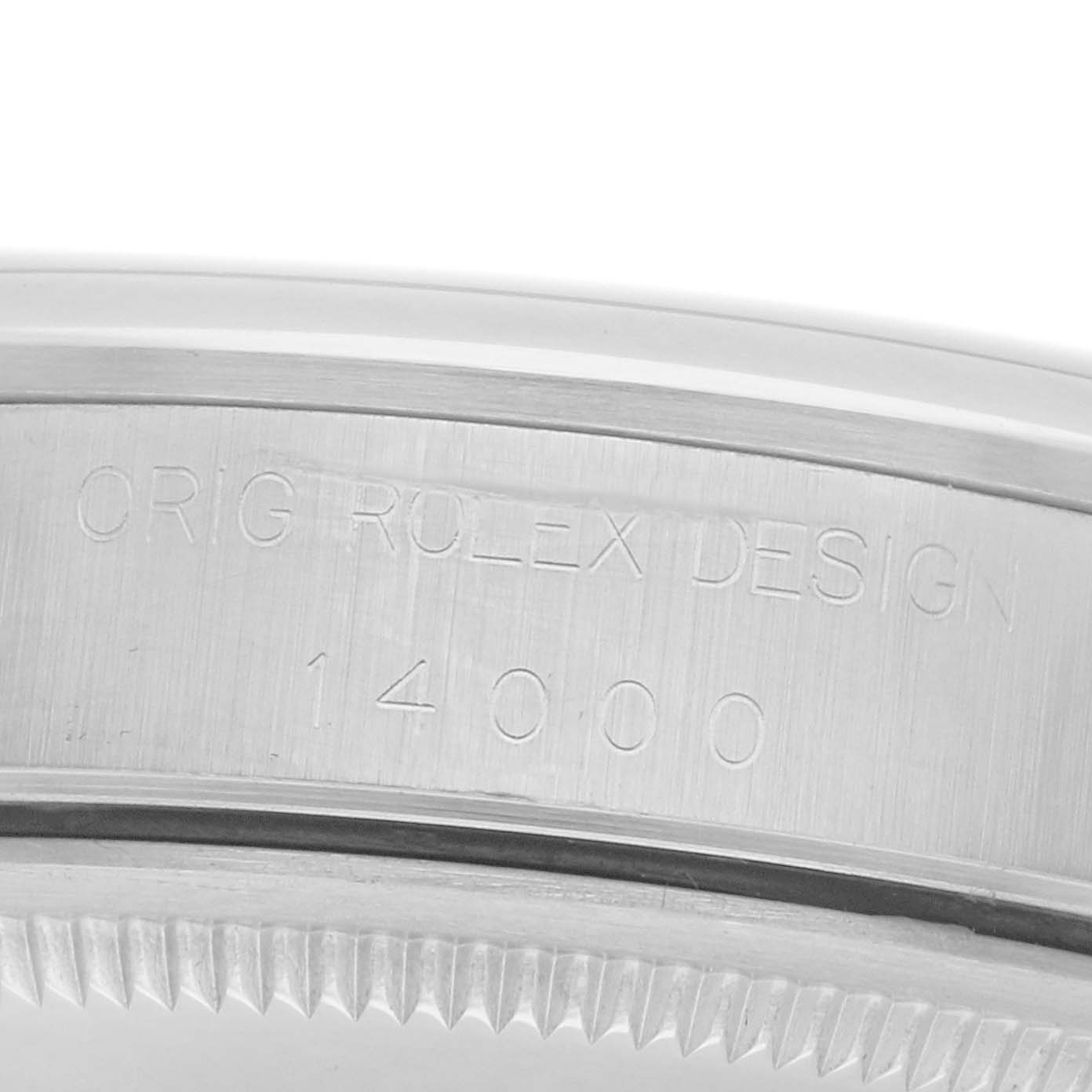 The image shows the side engraving on the case of a Rolex Air-King 14000 Men
s Stainless Steel Blue Dial watch, displaying the model number.