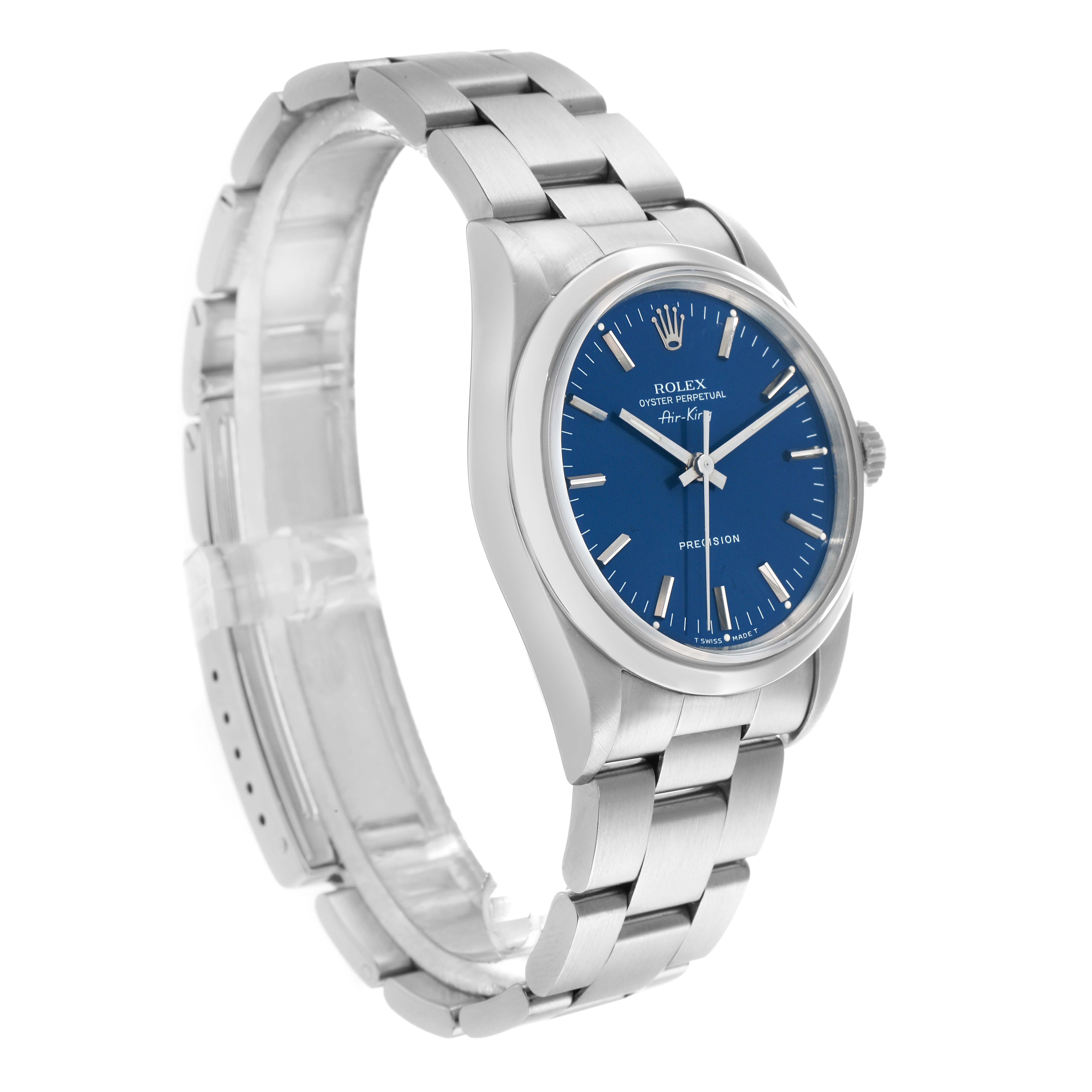 The Rolex Air-King 14000 Men
s Stainless Steel Blue Dial watch is shown at an oblique angle, highlighting the blue dial, bezel, and metal bracelet.