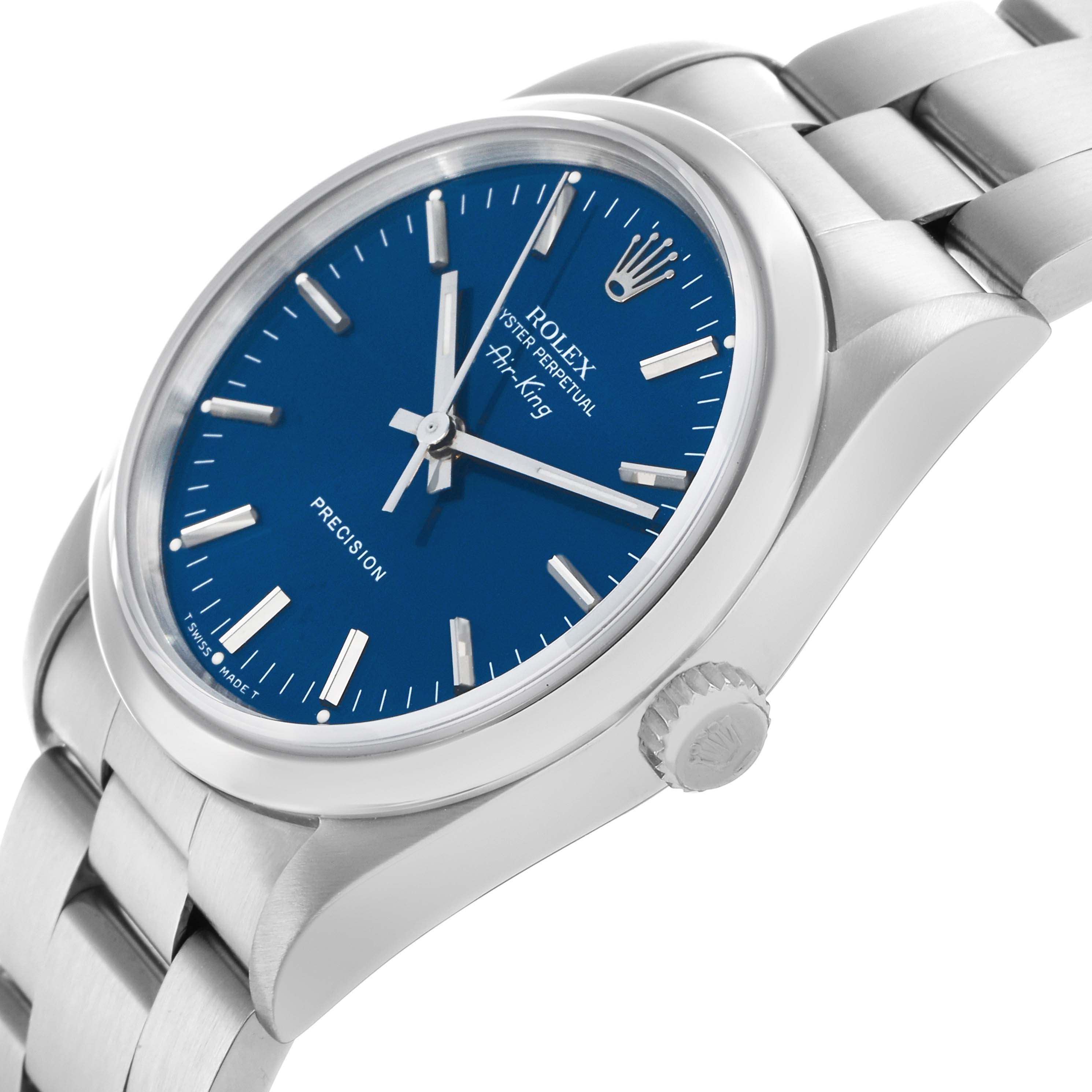 The Rolex Air-King 14000 Men
s Stainless Steel Blue Dial watch is shown in a three-quarter view, highlighting the blue dial, crown, and steel bracelet.