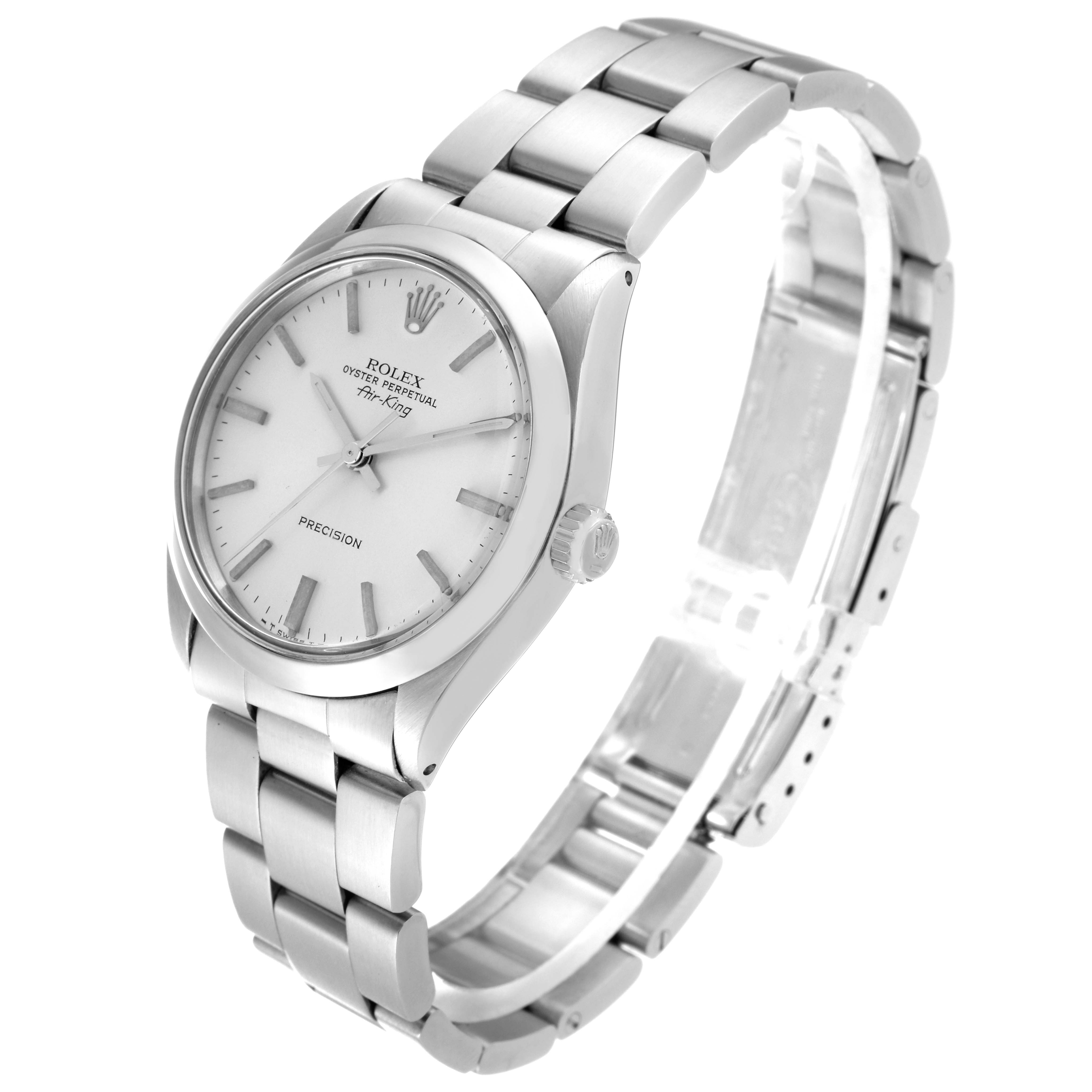 The Rolex Vintage Collection 5500 Men's Stainless Steel Silver Dial 5500 Men's Stainless Steel Silver Dial watch is shown at an angled side view, displaying its stainless steel bracelet, crown, and face.