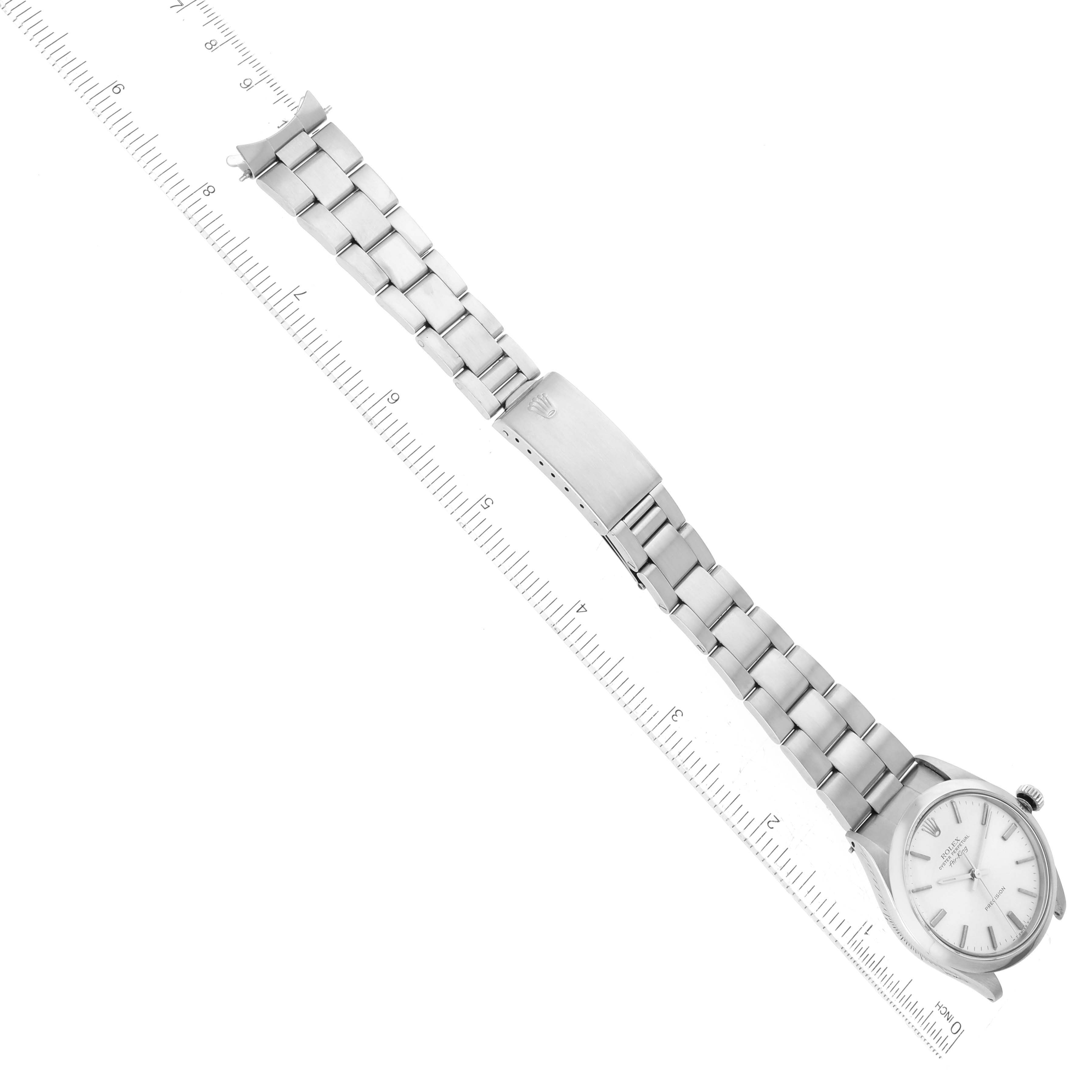 The image shows an overhead view of a Rolex Vintage Collection 5500 Men's Stainless Steel Silver Dial 5500 Men's Stainless Steel Silver Dial watch, displaying the face, bracelet, and clasp.