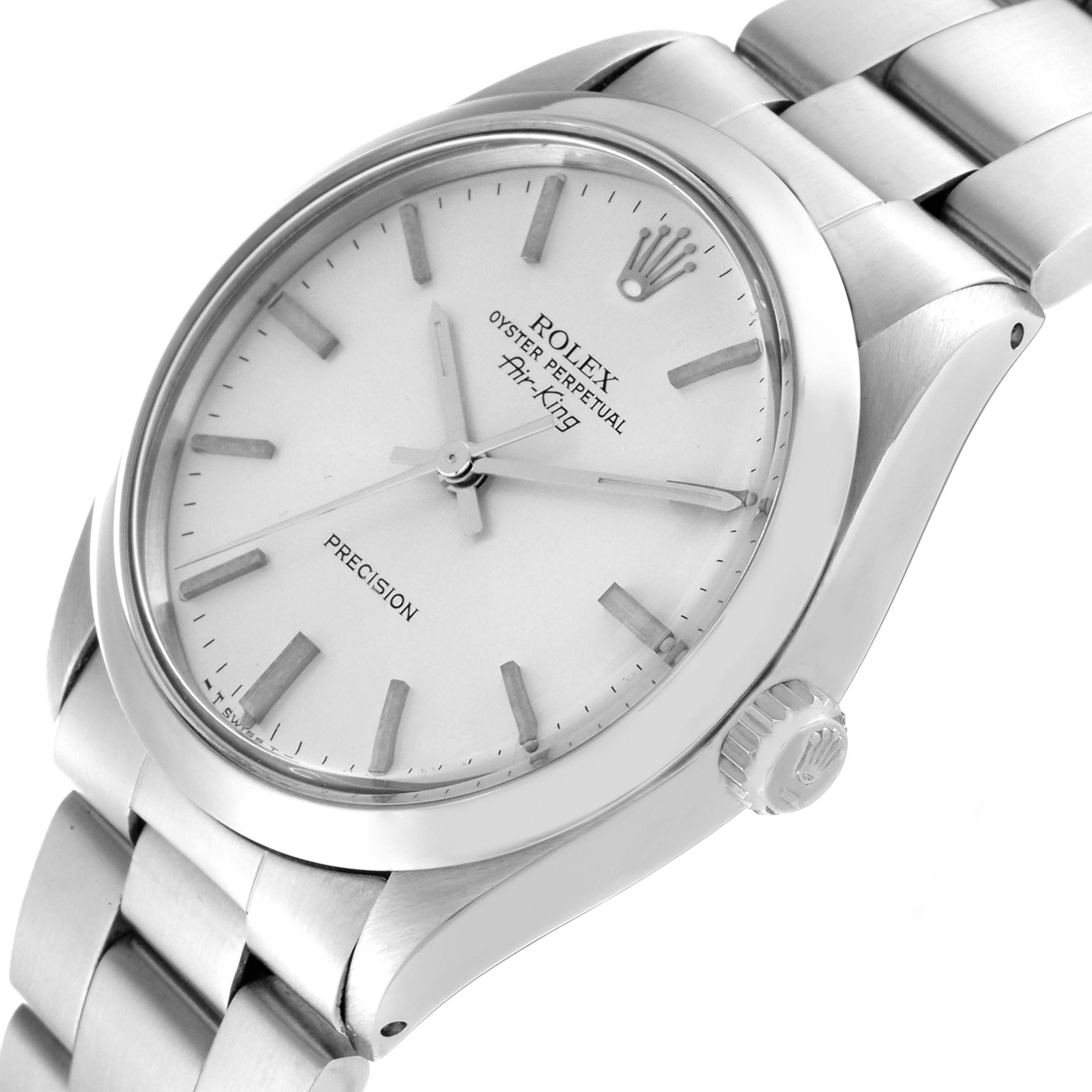 The image shows the dial, crown, and bracelet of the Rolex Vintage Collection 5500 Men's Stainless Steel Silver Dial 5500 Men's Stainless Steel Silver Dial watch, model Oyster Perpetual Air-King, at a slight angle.