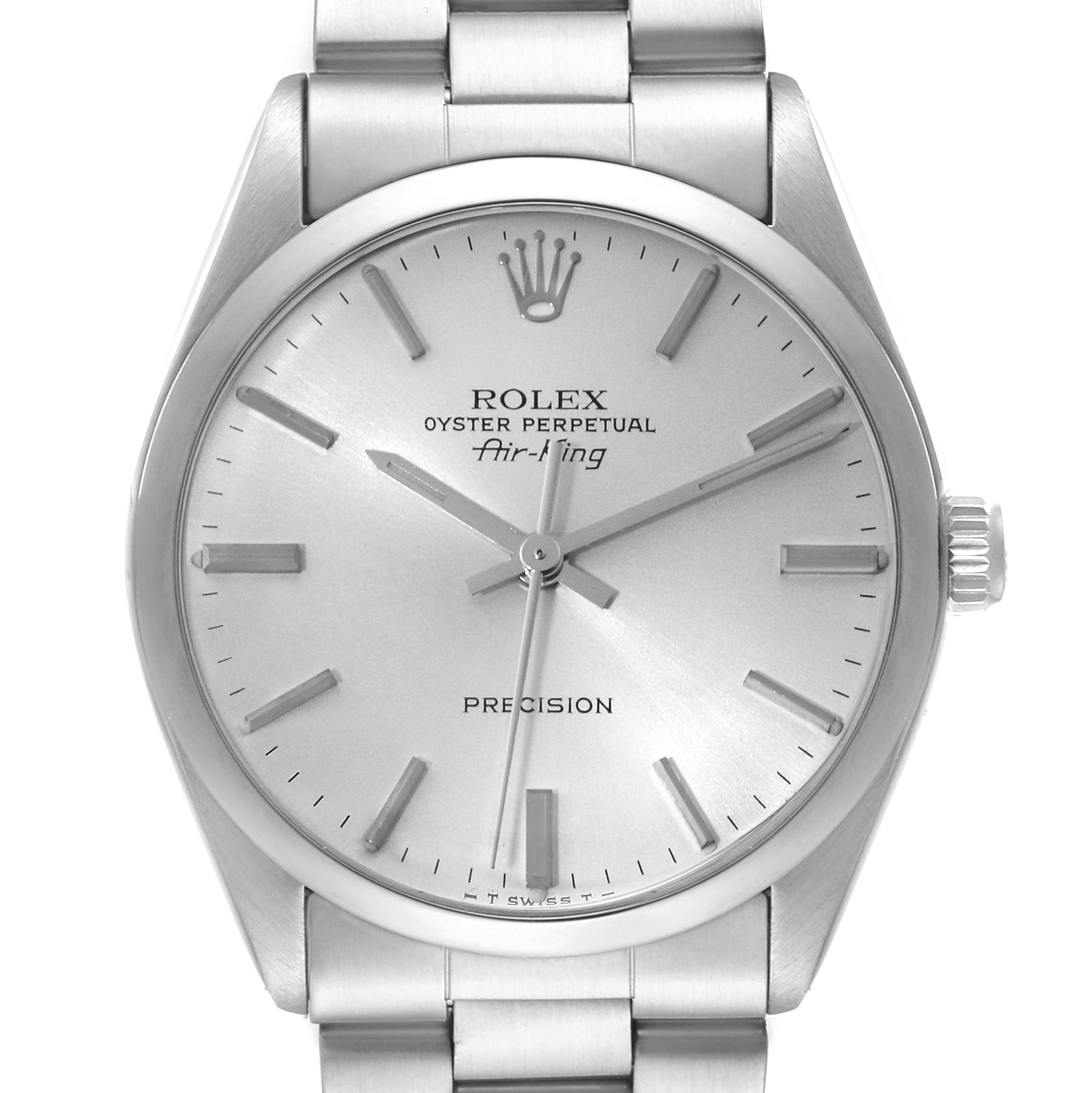 The image shows a front-facing view of the Rolex Vintage Collection 5500 Men's Stainless Steel Silver Dial 5500 Men's Stainless Steel Silver Dial Oyster Perpetual Air-King watch displaying the dial and part of the bracelet.