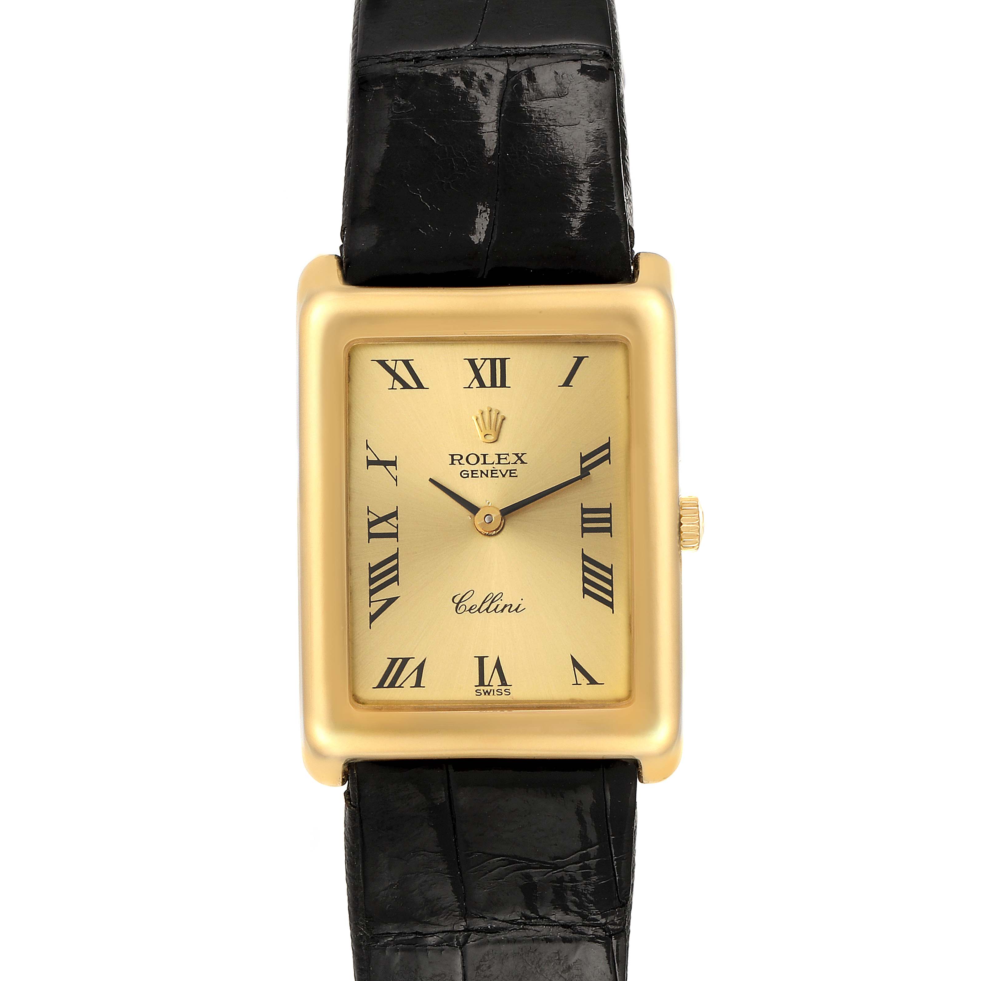This image shows a frontal view of the Rolex Cellini 4103 Women's Yellow Gold Champagne Dial 4103 Women's Yellow Gold Champagne Dial watch, featuring its rectangular gold case, black Roman numerals, and black leather strap.