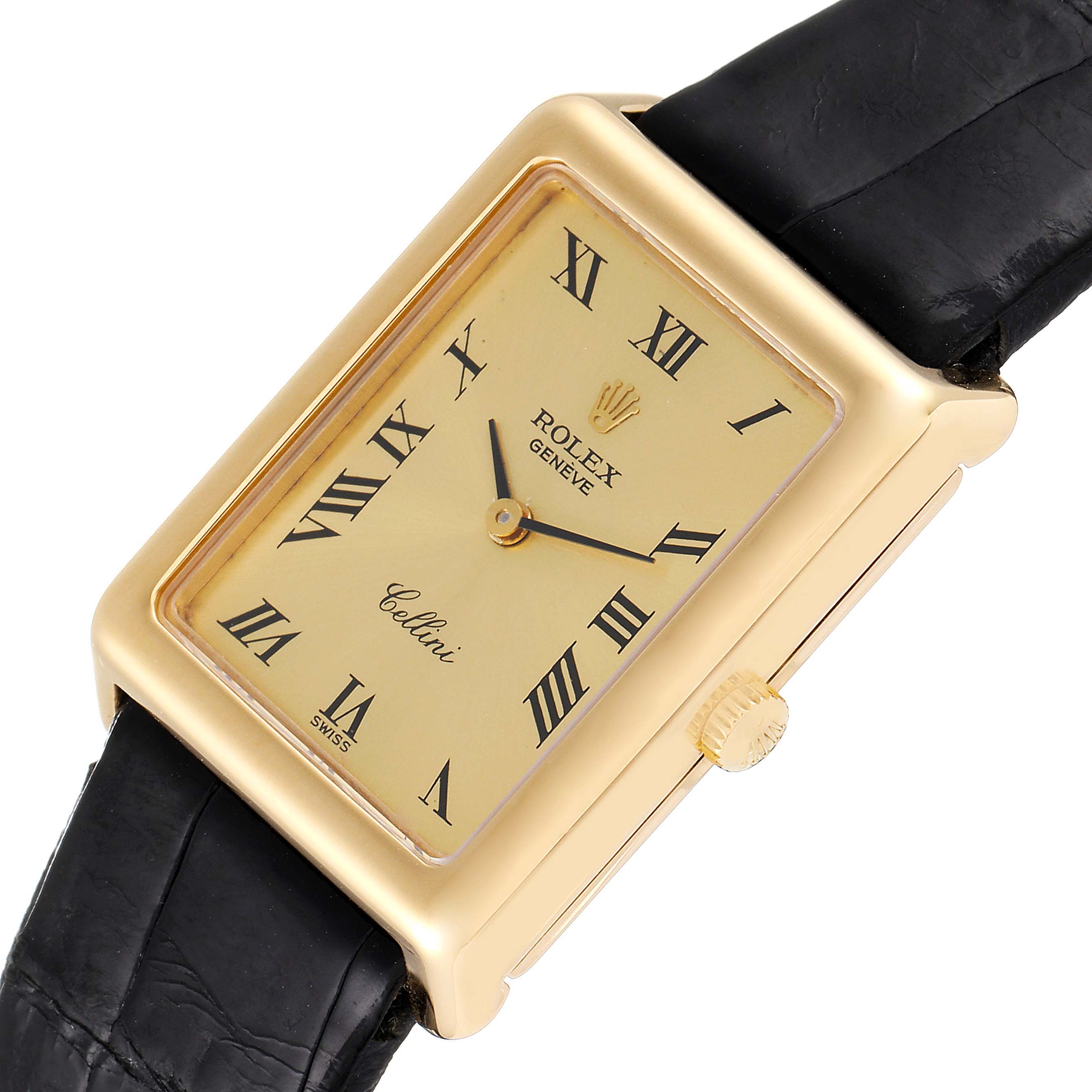 The image shows a Rolex Cellini 4103 Women's Yellow Gold Champagne Dial 4103 Women's Yellow Gold Champagne Dial watch from a front angle, highlighting the rectangular gold face with Roman numerals and black leather strap.