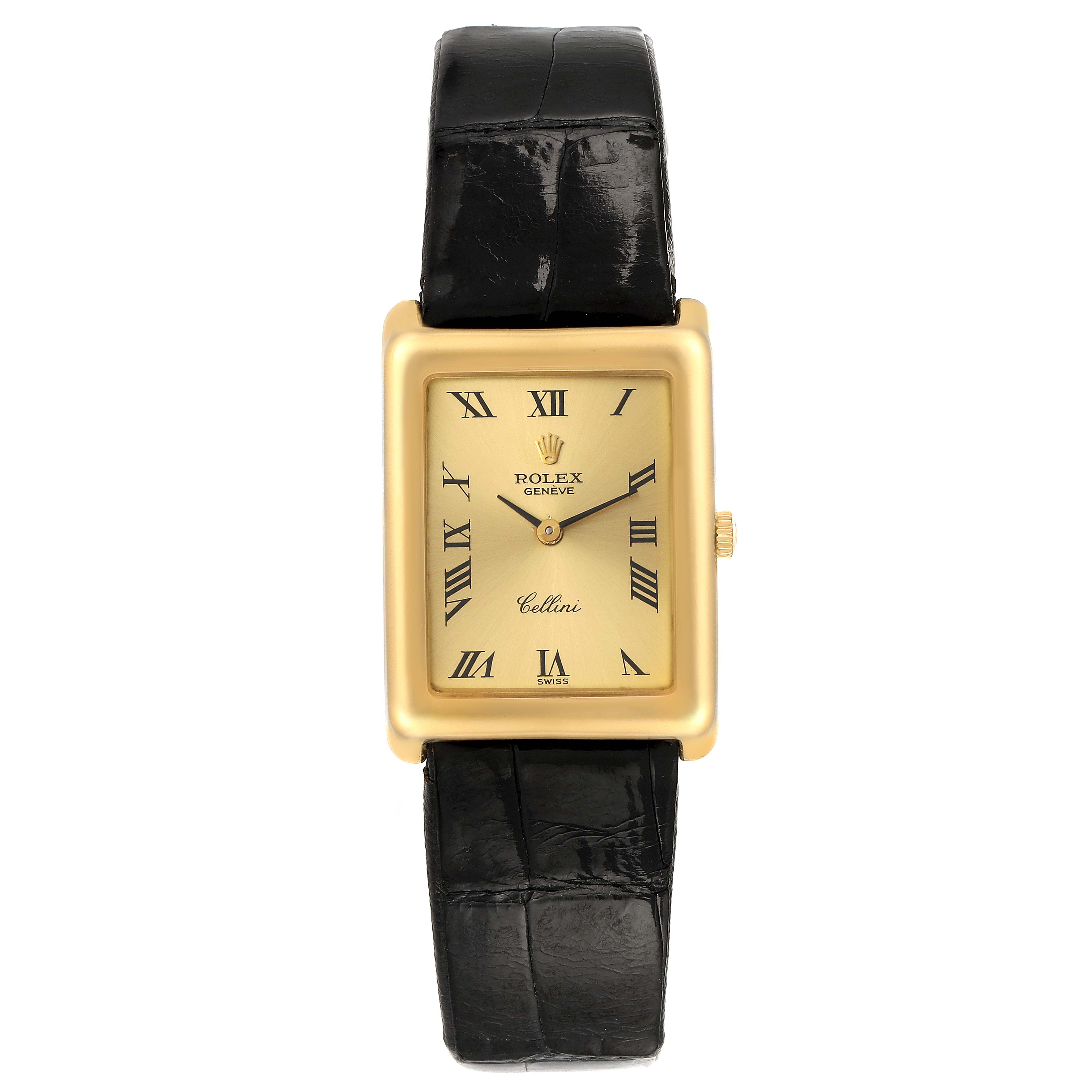 The image shows a frontal view of a Rolex Cellini 4103 Women's Yellow Gold Champagne Dial 4103 Women's Yellow Gold Champagne Dial watch, highlighting its rectangular case, black leather strap, and gold-colored dial with Roman numerals.