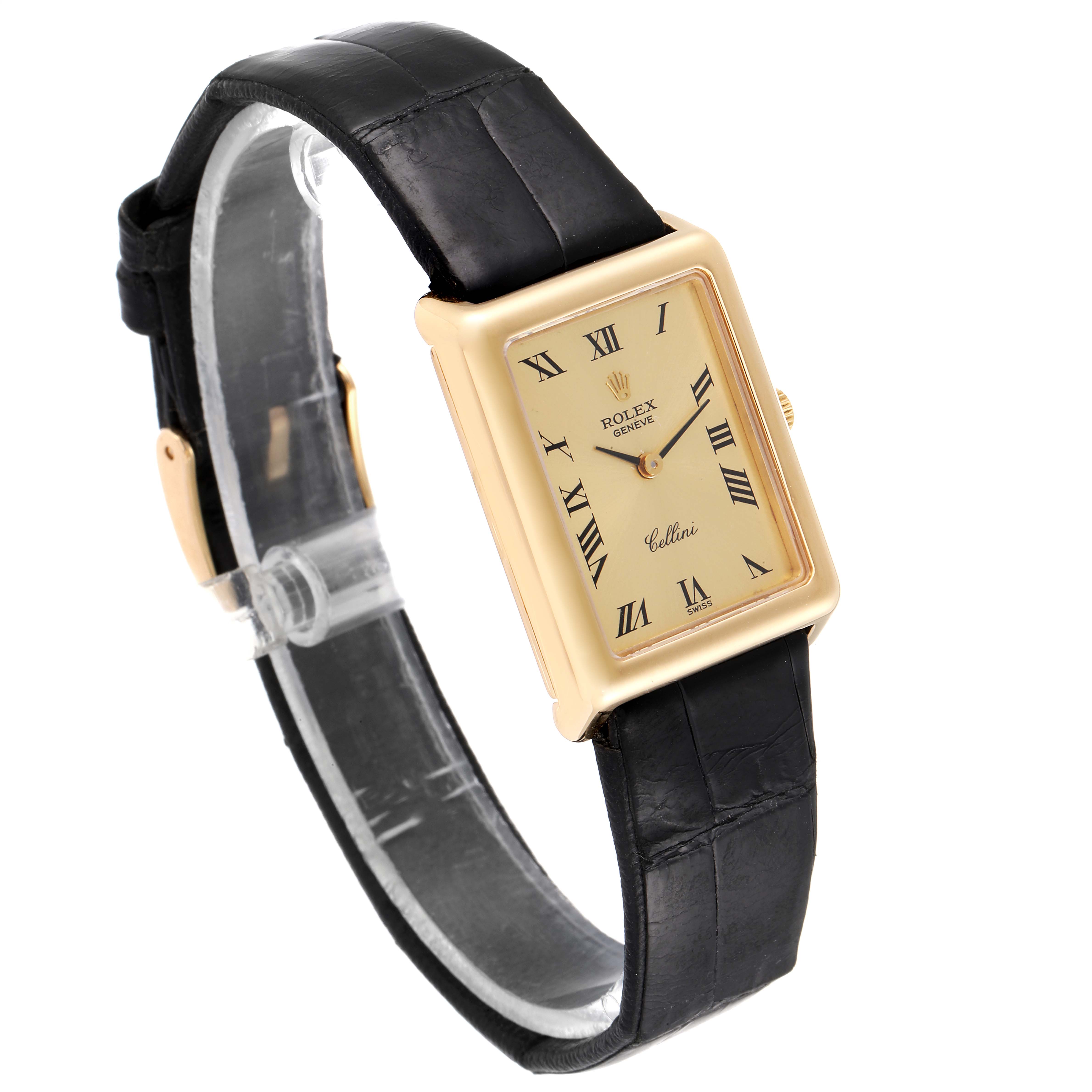 The image shows a side-angle view of a Rolex Cellini 4103 Women's Yellow Gold Champagne Dial 4103 Women's Yellow Gold Champagne Dial watch, highlighting the black leather strap, gold rectangular case, and watch face with Roman numerals.
