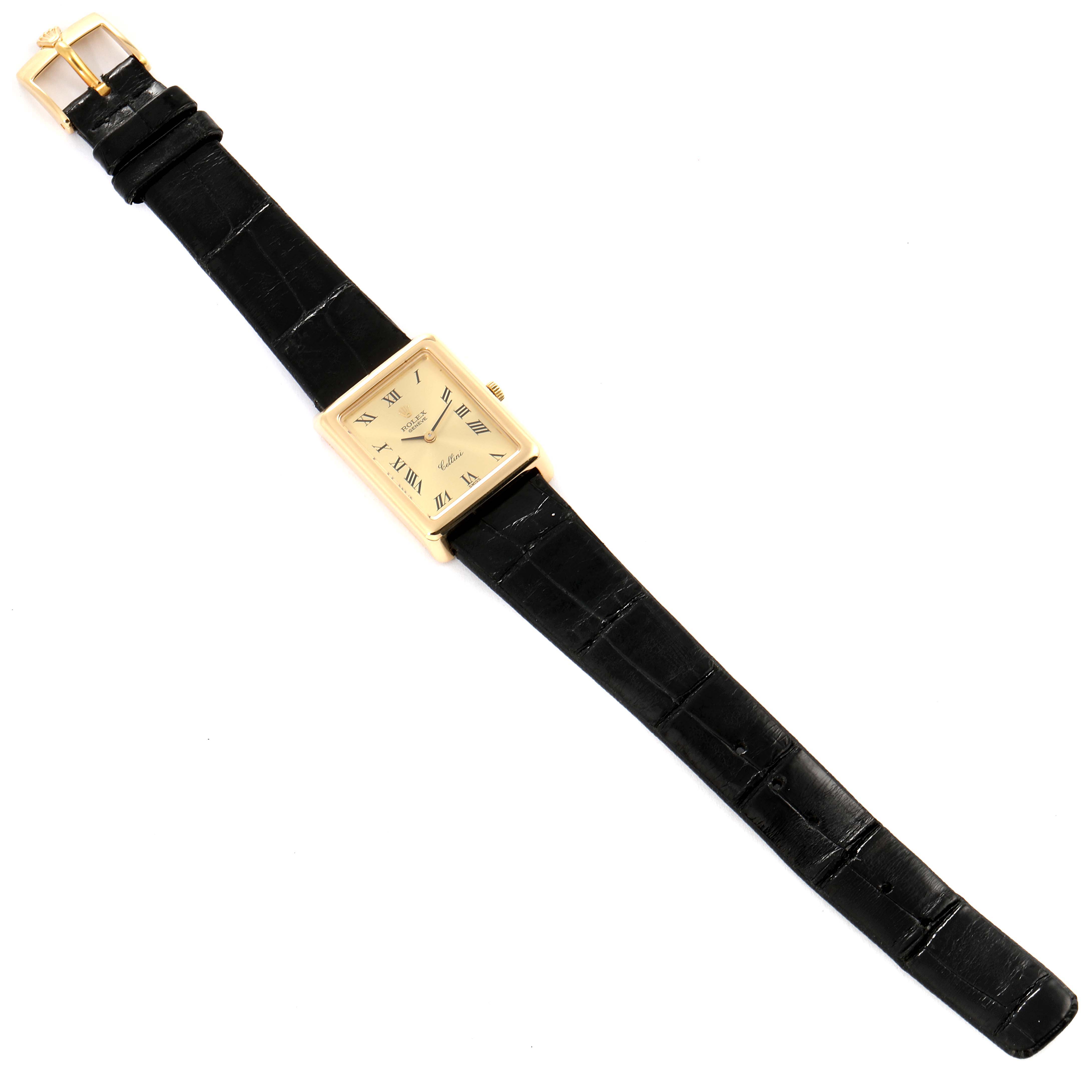Rolex Cellini 18k Yellow Gold Champagne Dial Black Strap Ladies Watch ...