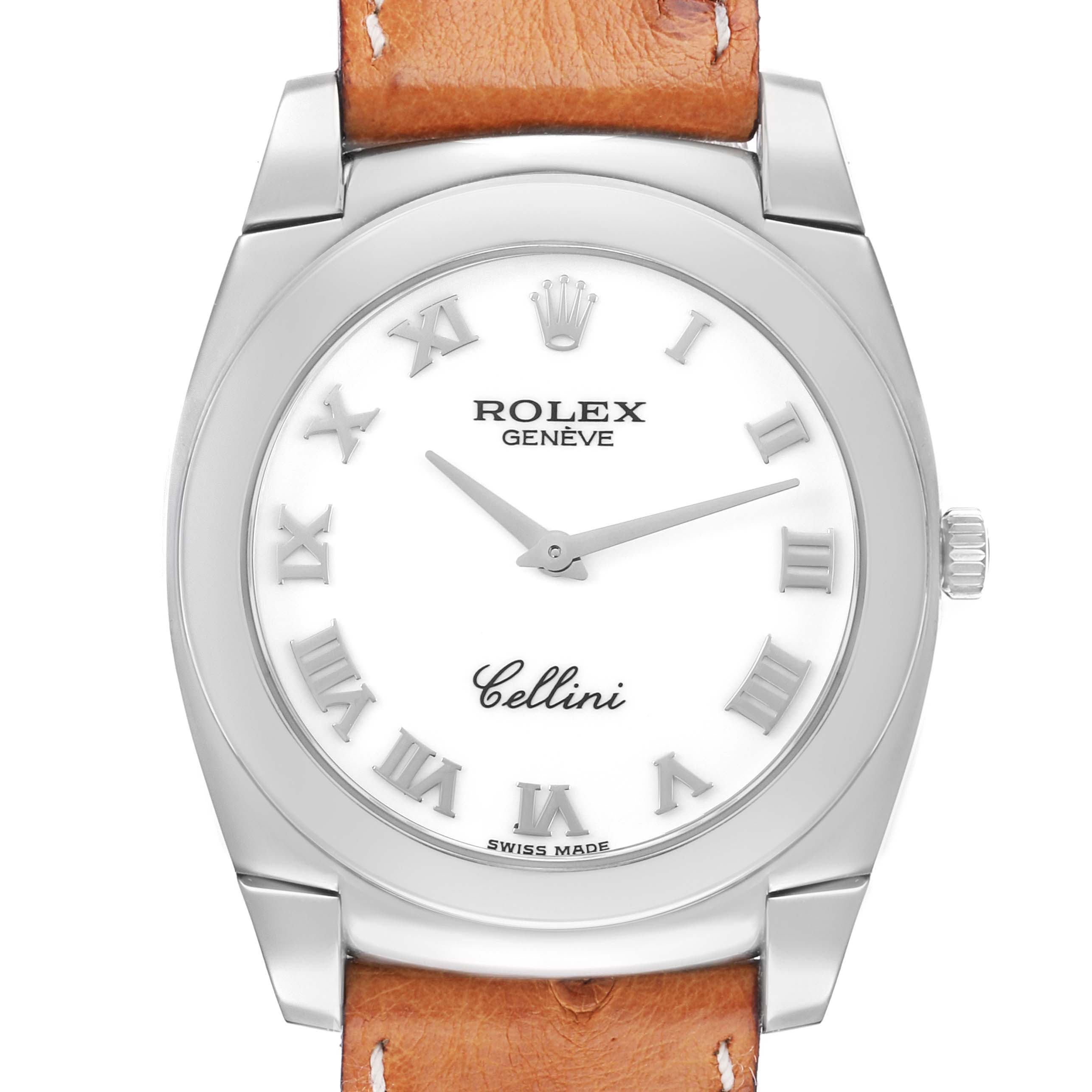 The Rolex Cellini 5330 Men
s White Gold White Dial watch is shown from the front, showcasing the dial, Roman numerals, and brown leather strap.