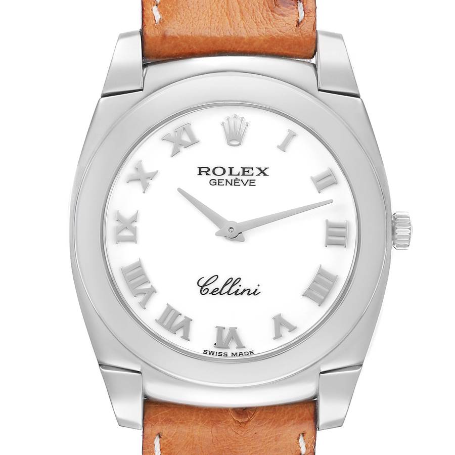 The Rolex Cellini 5330 Men's White Gold White Dial watch is shown from the front, showcasing the dial, Roman numerals, and brown leather strap.