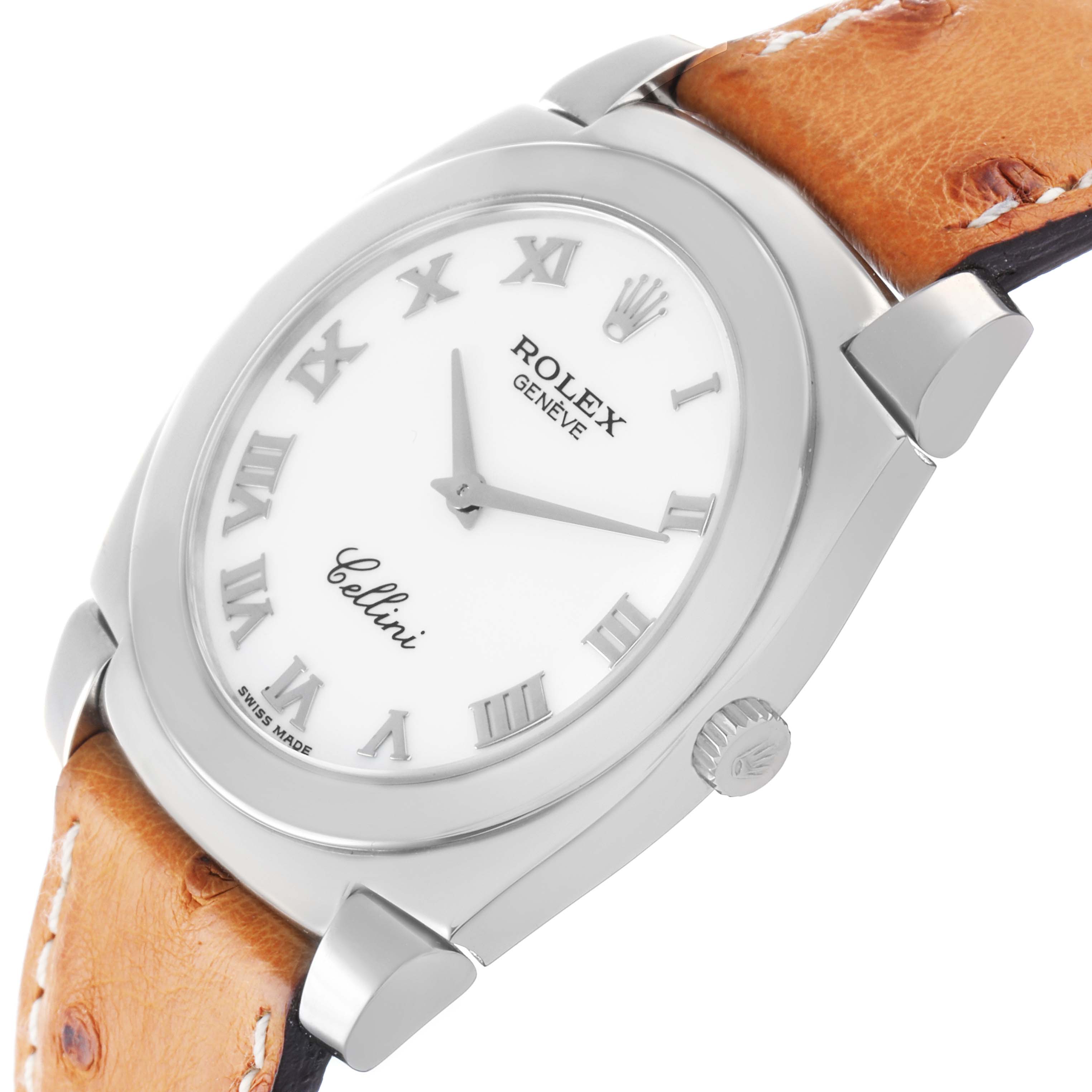 The Rolex Cellini 5330 Men
s White Gold White Dial watch is shown at an angle, highlighting the dial, hands, Roman numerals, crown, and leather strap.