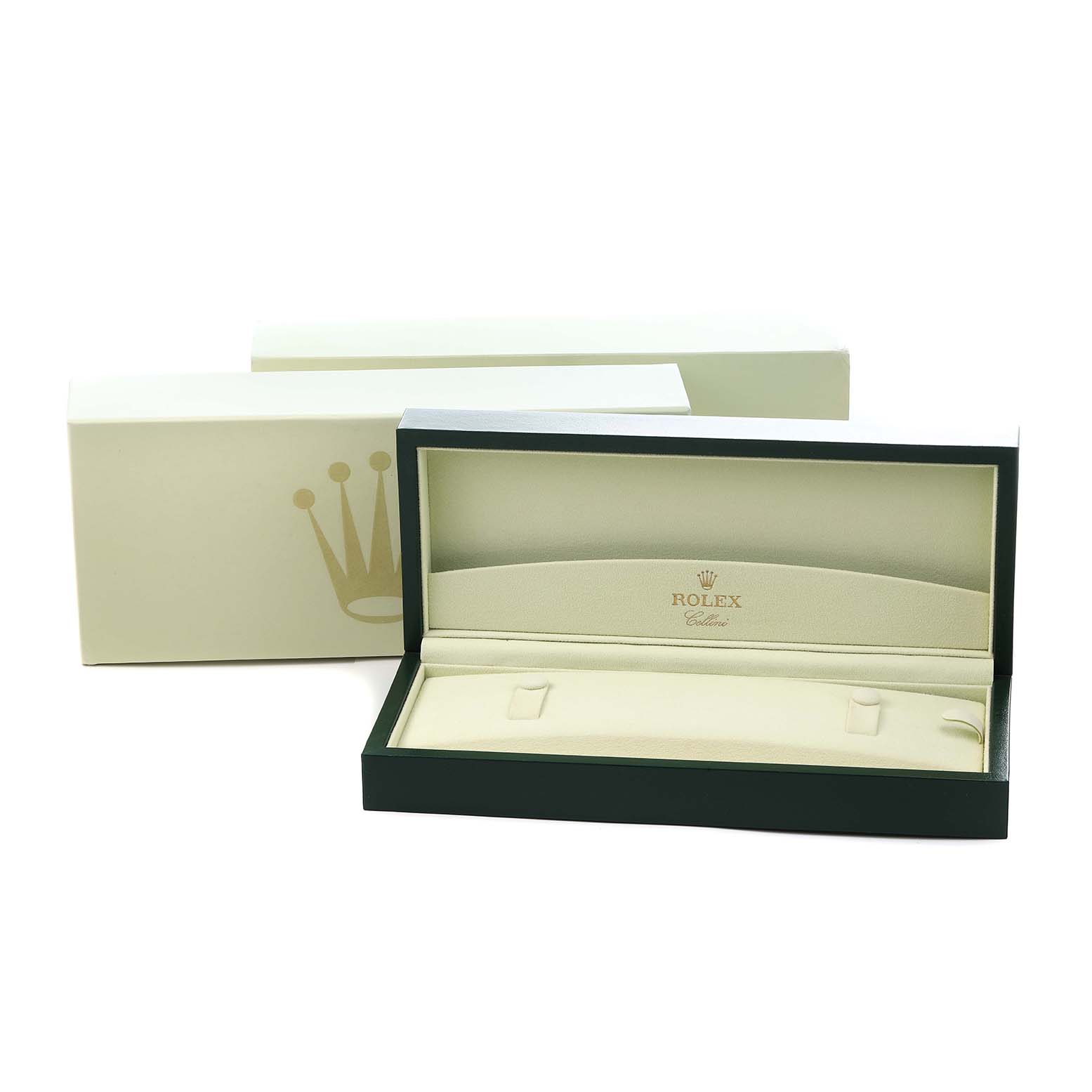 The image shows an empty Rolex Cellini 5330 Men
s White Gold White Dial watch box, displaying the interior and exterior packaging.
