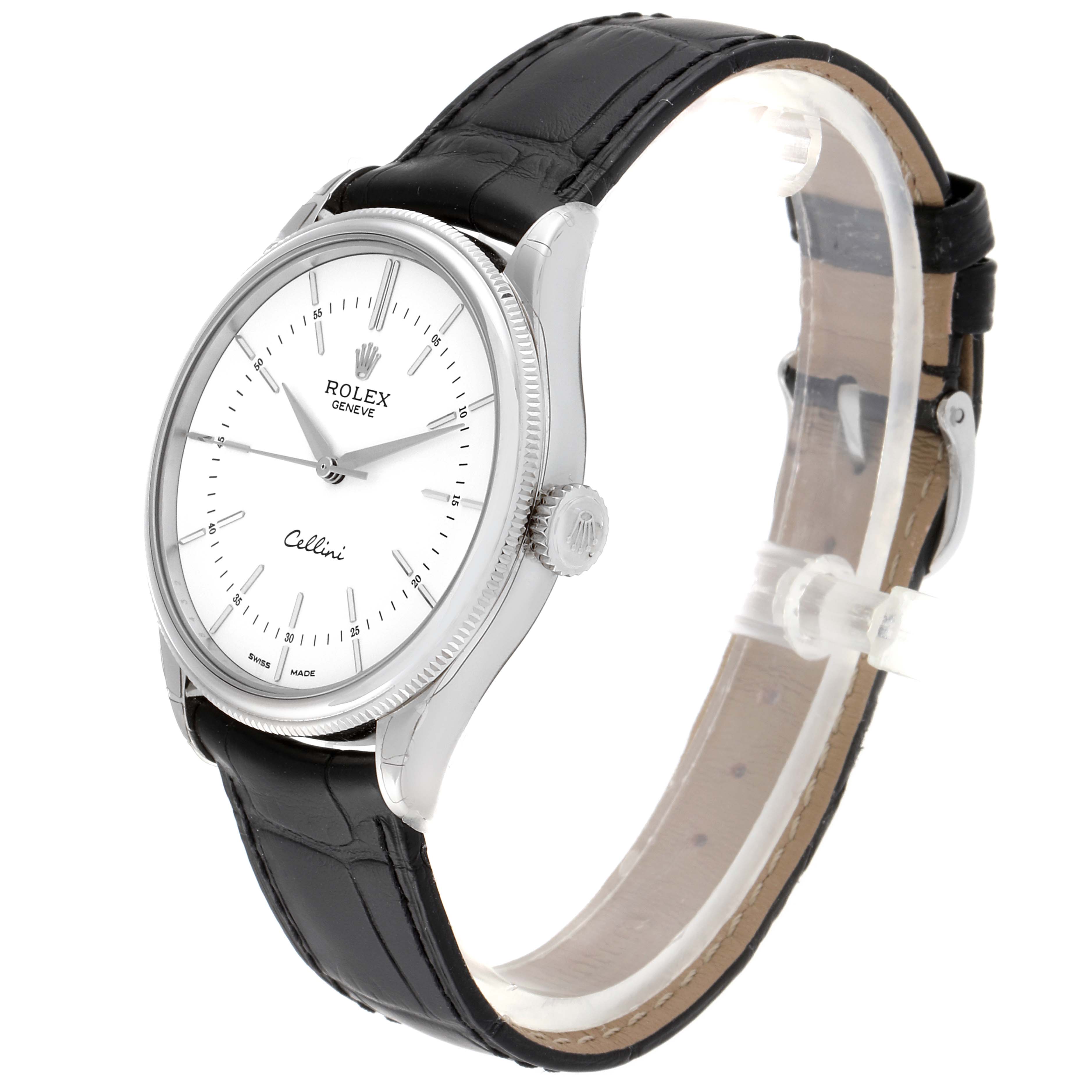 This image shows a side-angle view of a Rolex Cellini 50509 Men
s White Gold White Dial 50509 Men
s White Gold White Dial watch, highlighting its white dial, black leather strap, and crown.