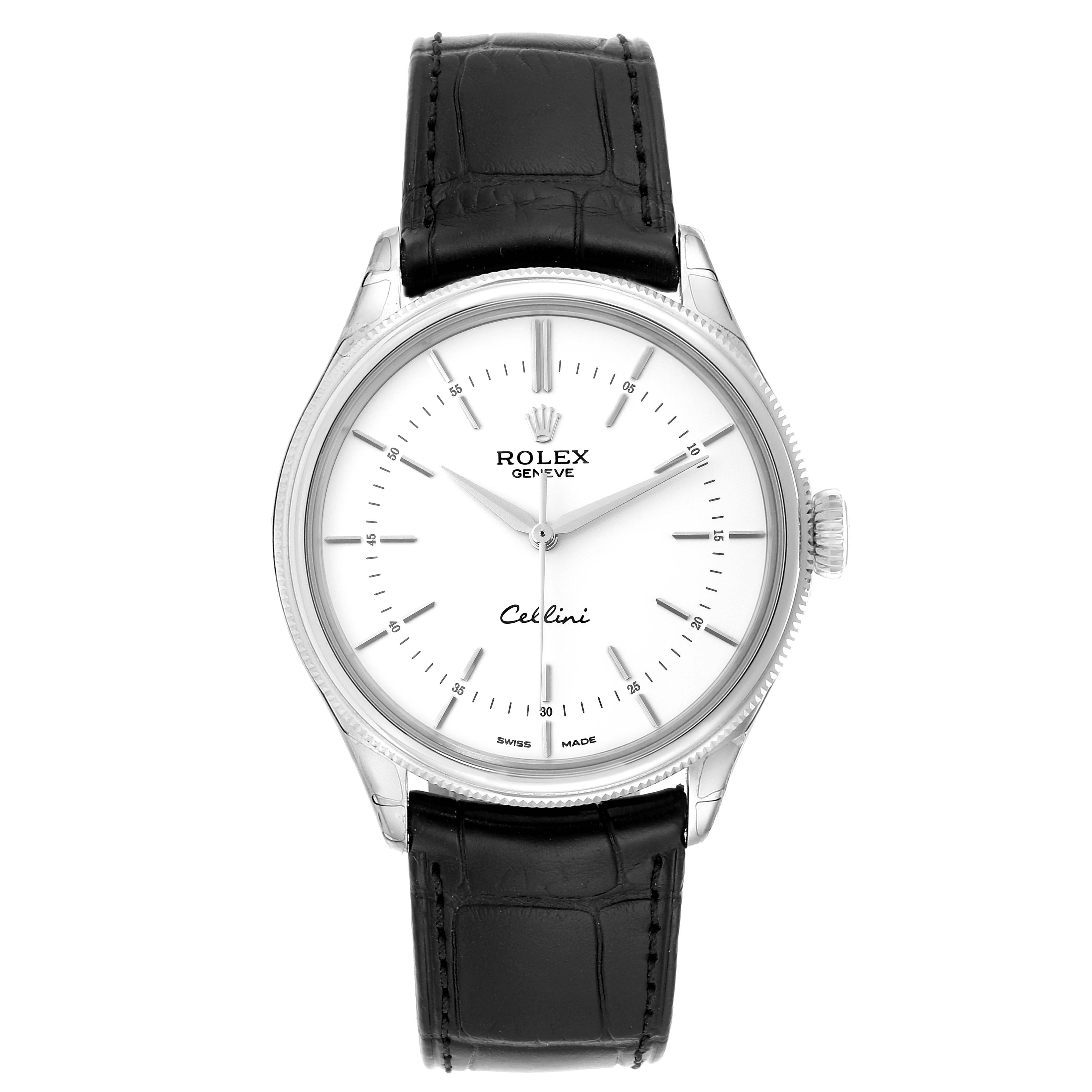 This image shows a front view of a Rolex Cellini 50509 Men
s White Gold White Dial 50509 Men
s White Gold White Dial watch displaying its white dial, silver hands, and black leather strap.